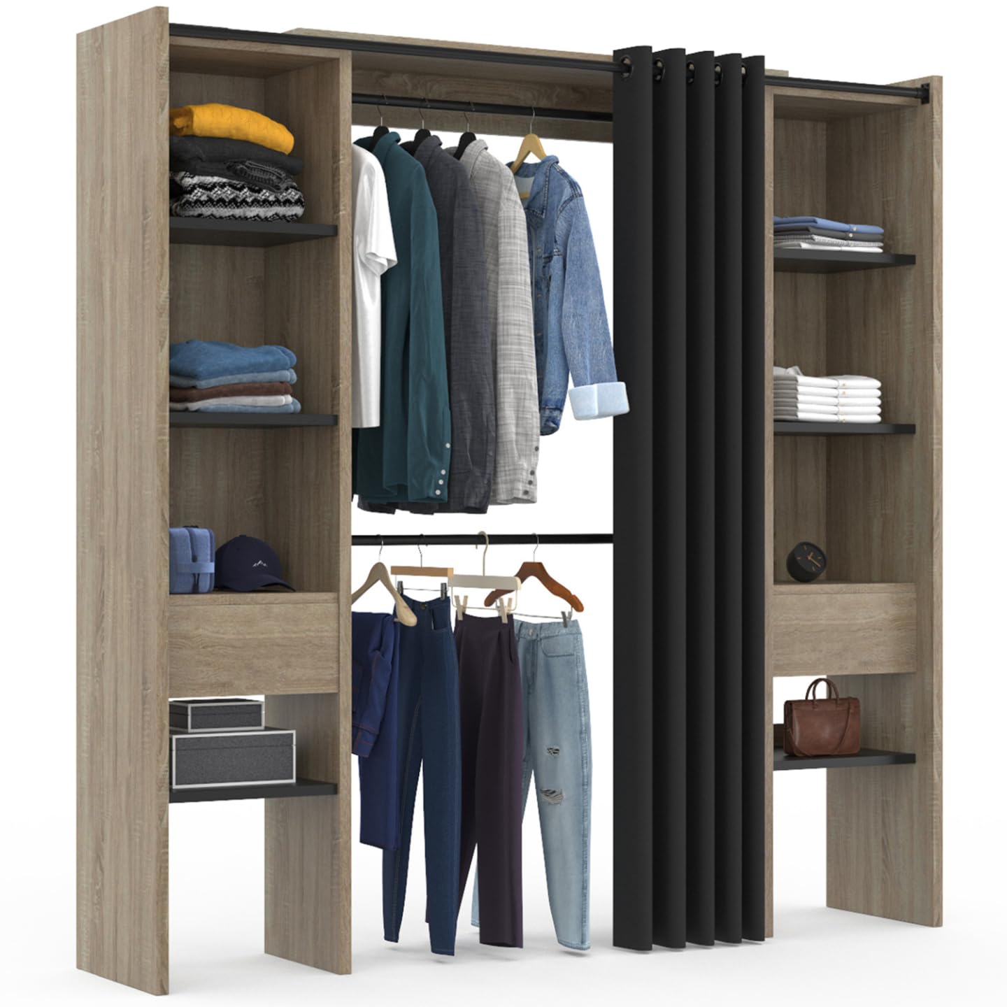 IDMarket - Dressing Extensible Double Meryl 120/​180 x 50 x 180 cm hêtre avec étagères hêtre + Double penderie + Rideau Noir