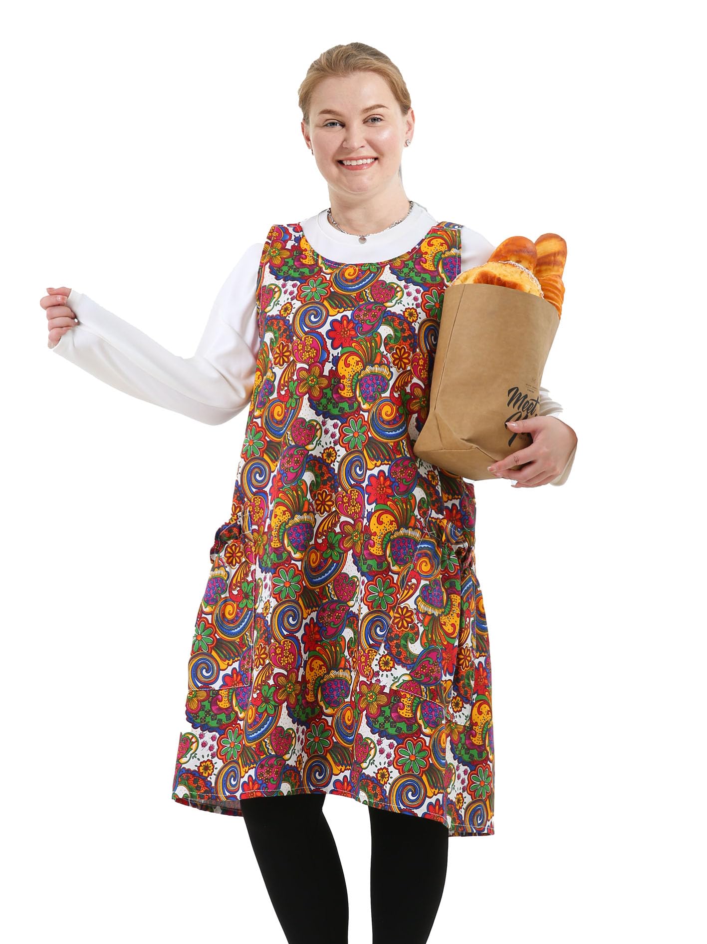 APRONNER Big Plus Size Aprons for Women with Pockets Cotton Linen Baking Kitchen Cooking, Flaming Flowers, More Size