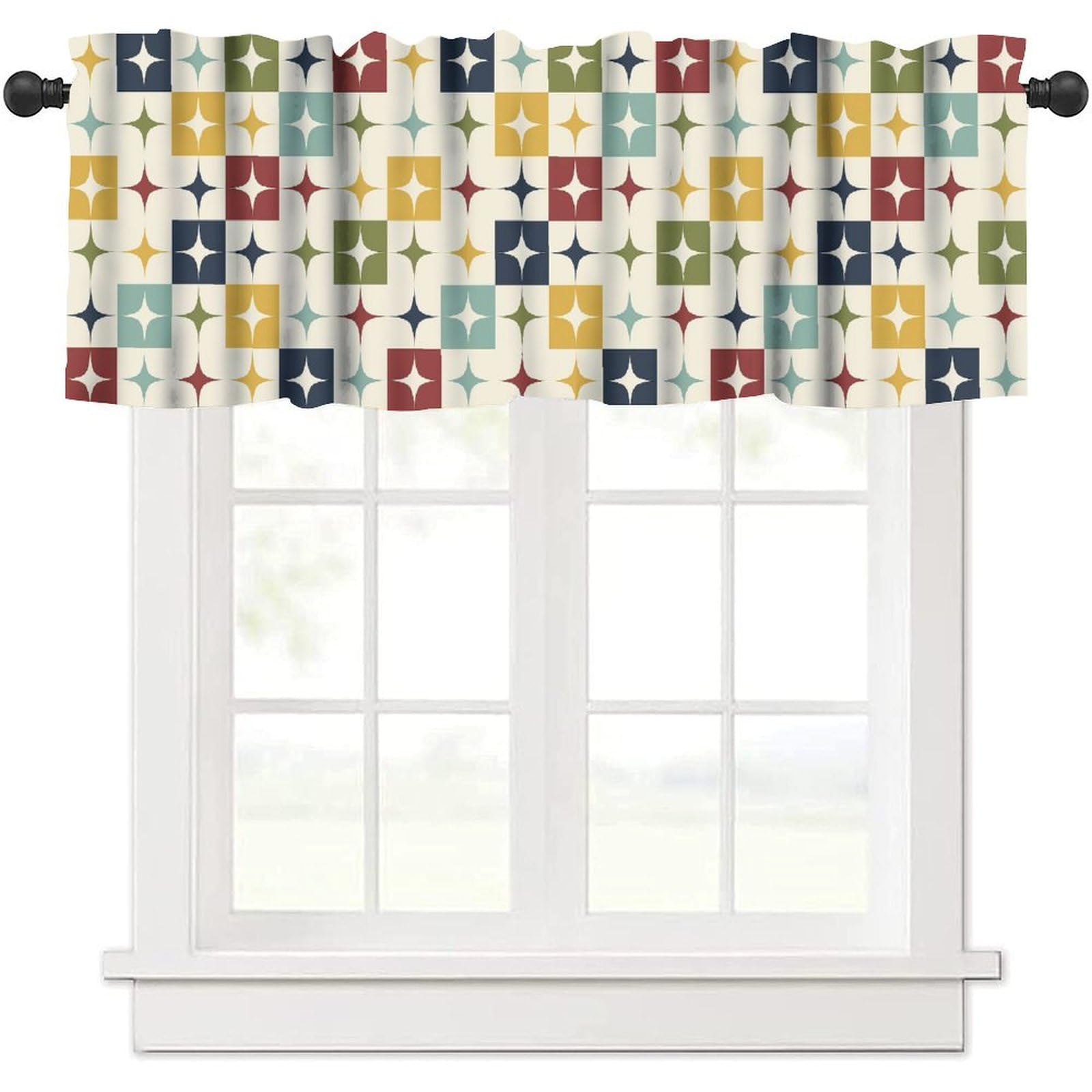 GoDazzling Middle Century Modern Kitchen Curtain Valance, Retro Mid Century Boho Geometry Abstract Bohemia Window Valance, for Bedroom Living Room