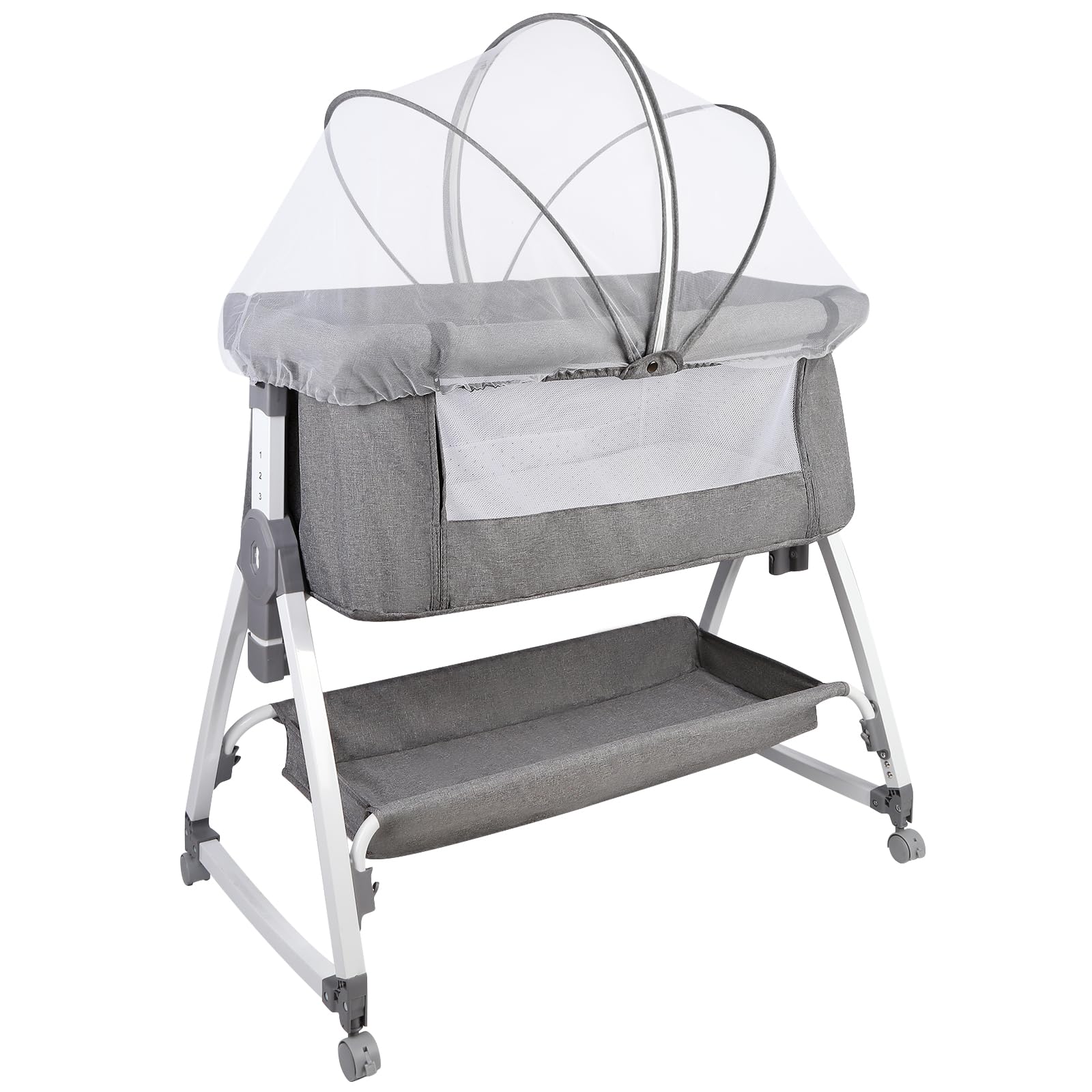 HUOLE Cuna 3 en 1 hasta 30 kg, Cuna de colecho, Cuna Mecedora, Ajuste de Altura e inclinación del colchón, 4 Ruedas con Freno, Colchón Ergonómico, Bolsa-80 * 40 * 100-115cm-lino
