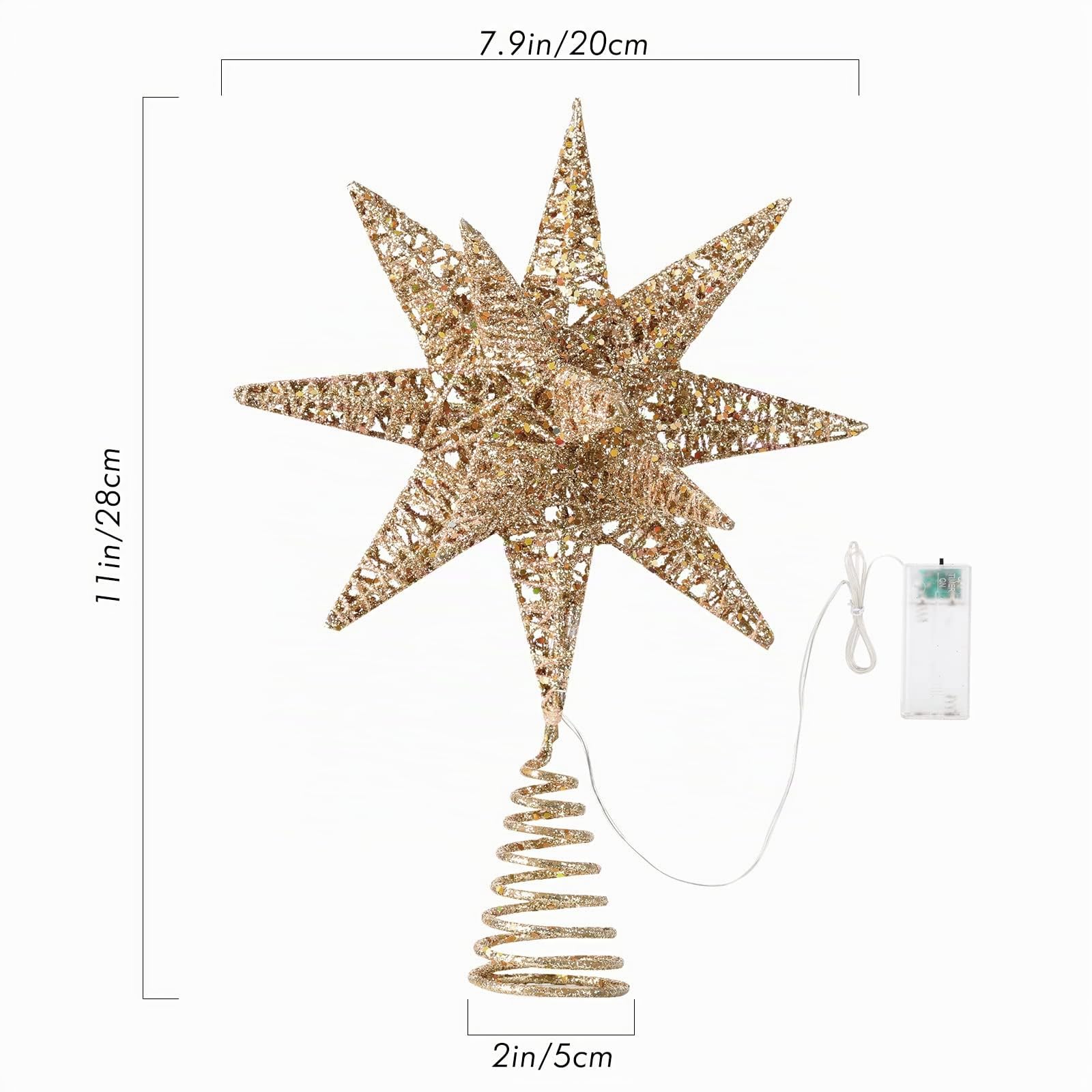 Luxspire Puntale Albero Natale LED, Decorazioni Natalizie Luci di Albero, a Forma di Albero con Glitter, Luci LED Albero di Natale, a 2 AA Batterie, Decorazione per Natale Festa Casa, Champagne Oro