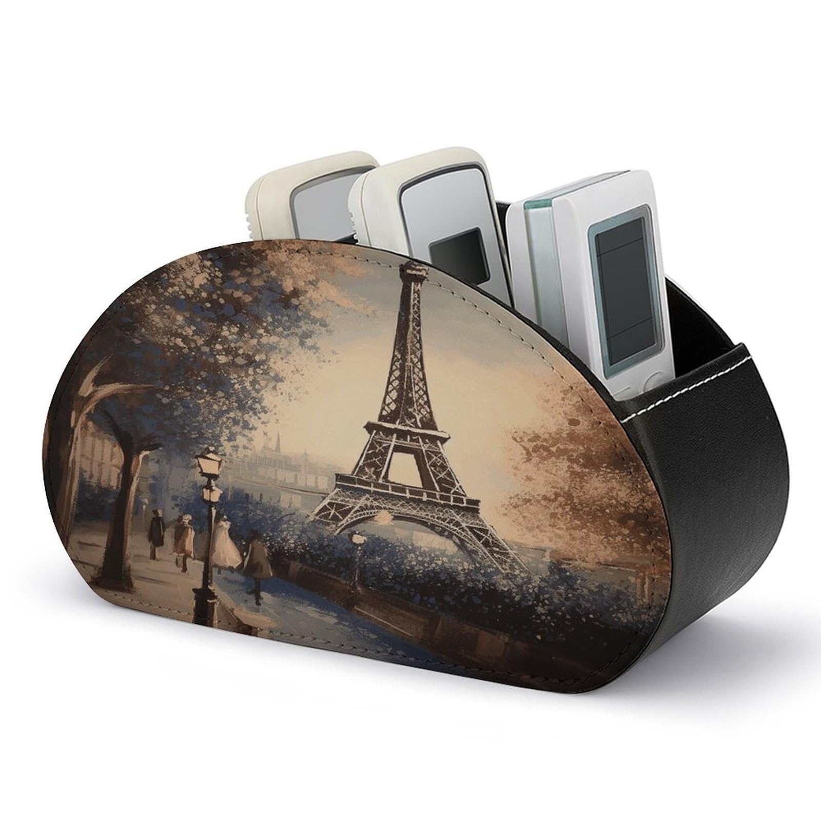 VstaDank Romantic Paris Eiffel Tower Remote Control Holder Farmhouse TV Media Remote Storage Box with 5 Compartments PU Leather Remote Caddy Desktop Organizer for Home Bedside Table Organizer
