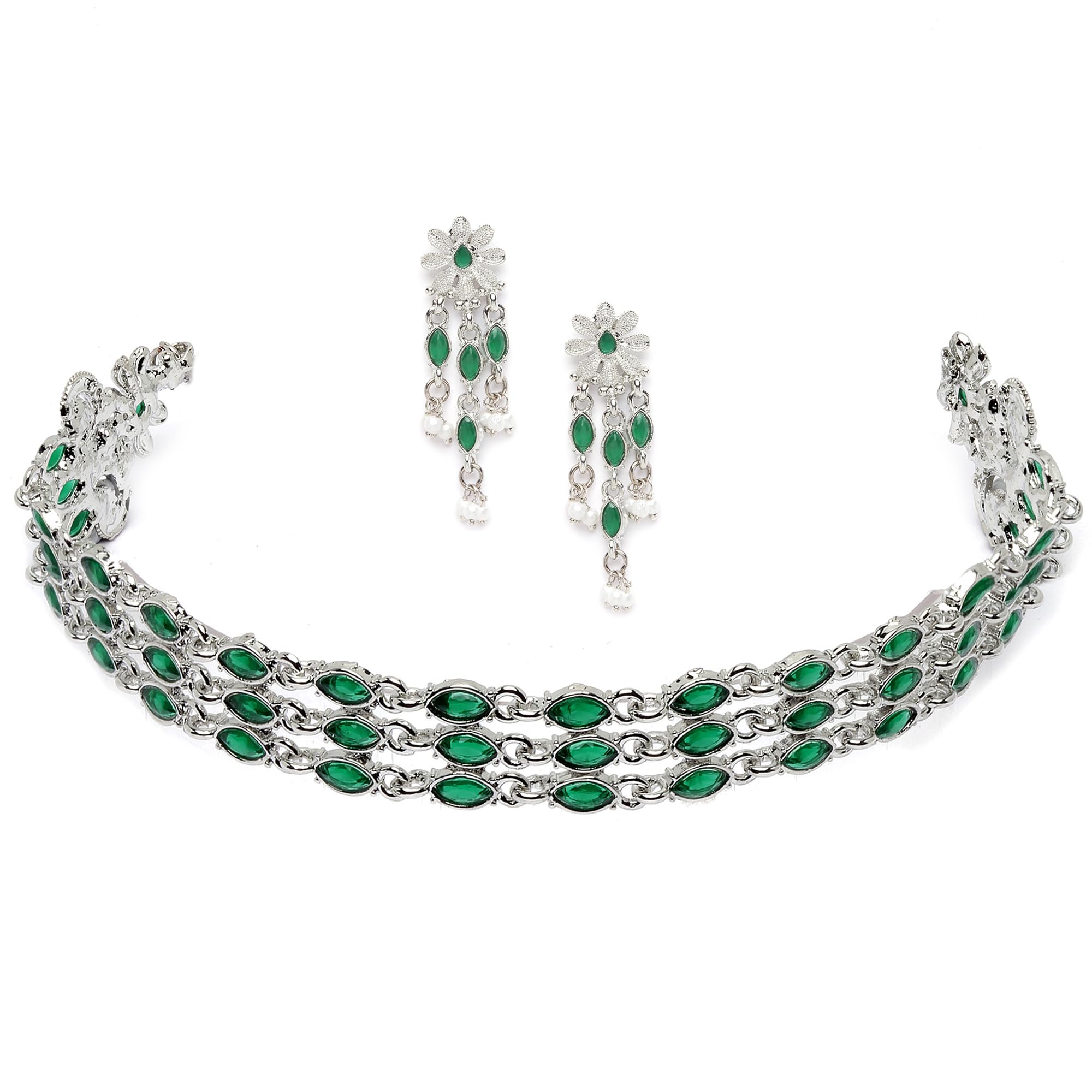 ZENEME Fashion Jewellery Antique Oxidised Silver Plated Red American Daimond Studded Light Weight Choker Necklace With Earrings Jewellery For Women & Girls (GREEN) (B0C1V987GB) Amazon Price History, Amazon Price Tracker
