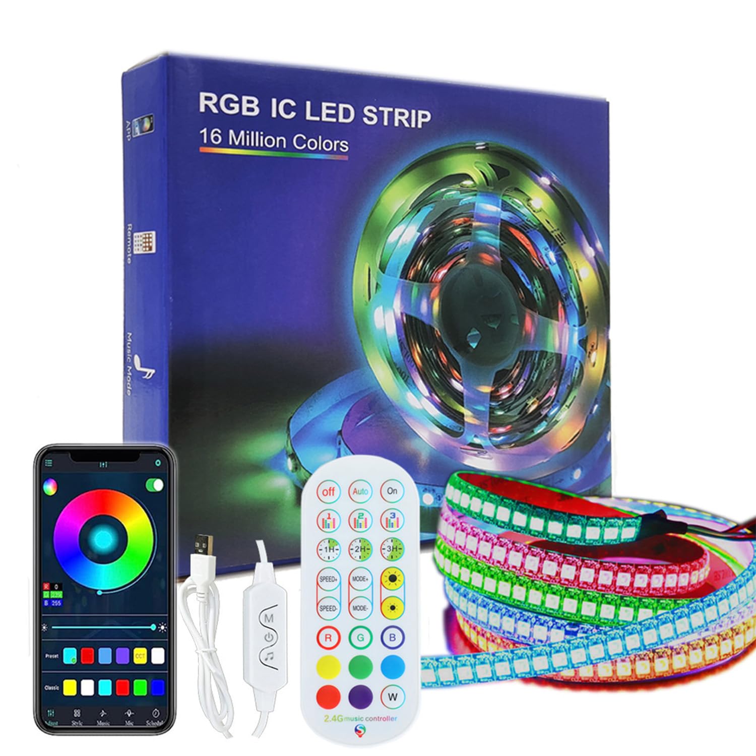 WS2812B LED Strip Individual Addressable Light 3.2FT 144Pixels/m SMD 5050 RGB Pixel Strip DC5V Black PCB LED Strip with WS2812B Controller (USB)