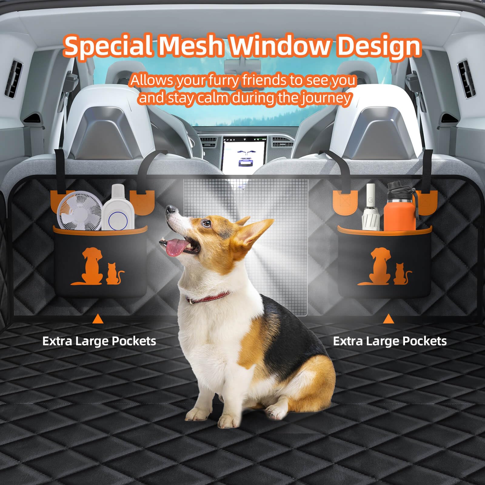 WanpeeGoo Estensore universale per sedile auto, per cani, arancione, per auto, camion, SUV, finestra in rete, tasche portaoggetti, impermeabile, antiscivolo