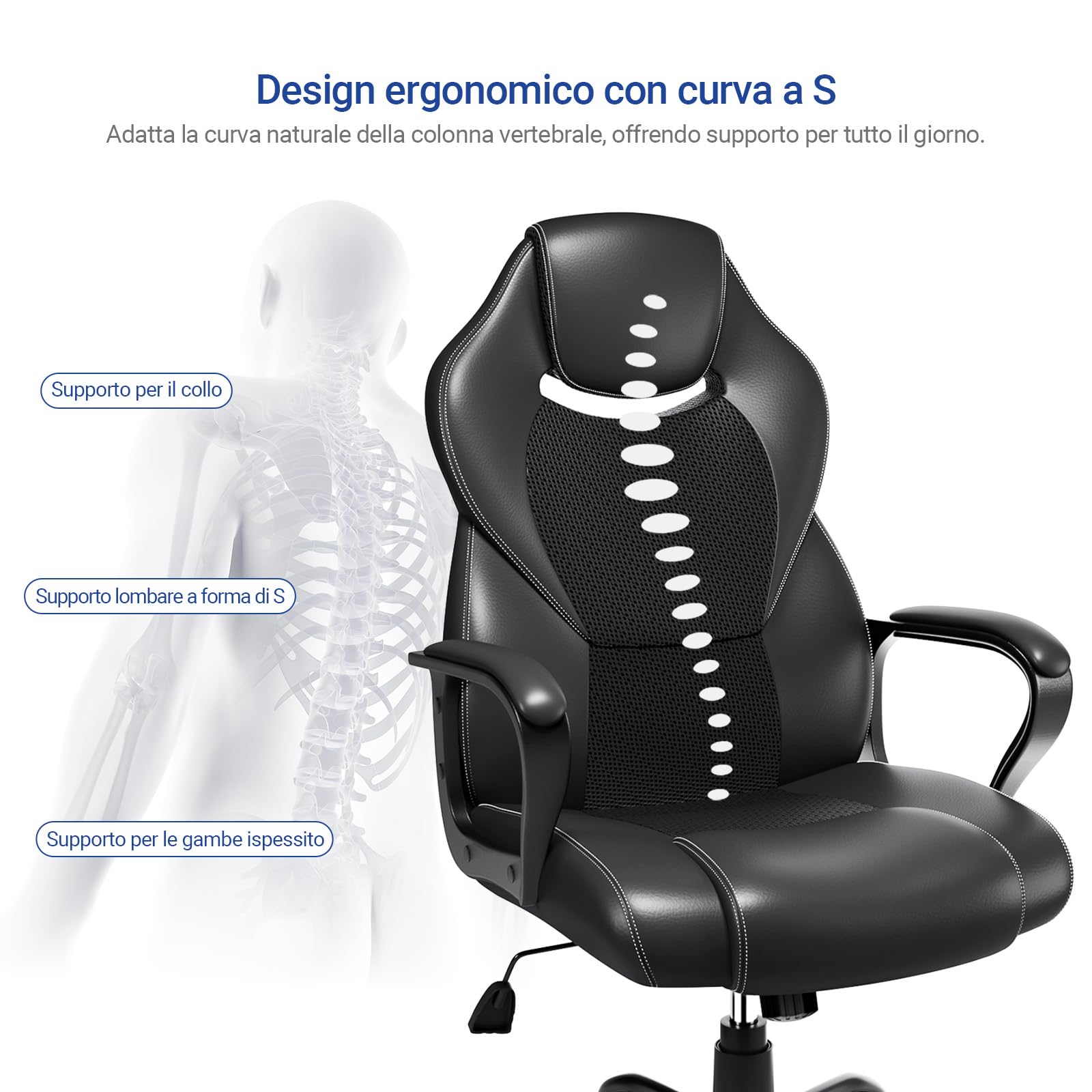 BASETBL Sedia da Ufficio Ergonomica con Supporto Lombare, Sedia Scrivania Poltrona Girevole ad Altezza Regolabile per Ufficio e Studio — Nera