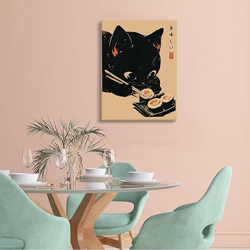 Miniatura 4 de AAWYXEEW Bonito póster de sushi con gato negro que come sushi japonés, arte de pared, divertido arte de comida de animales, impresiones artísticas