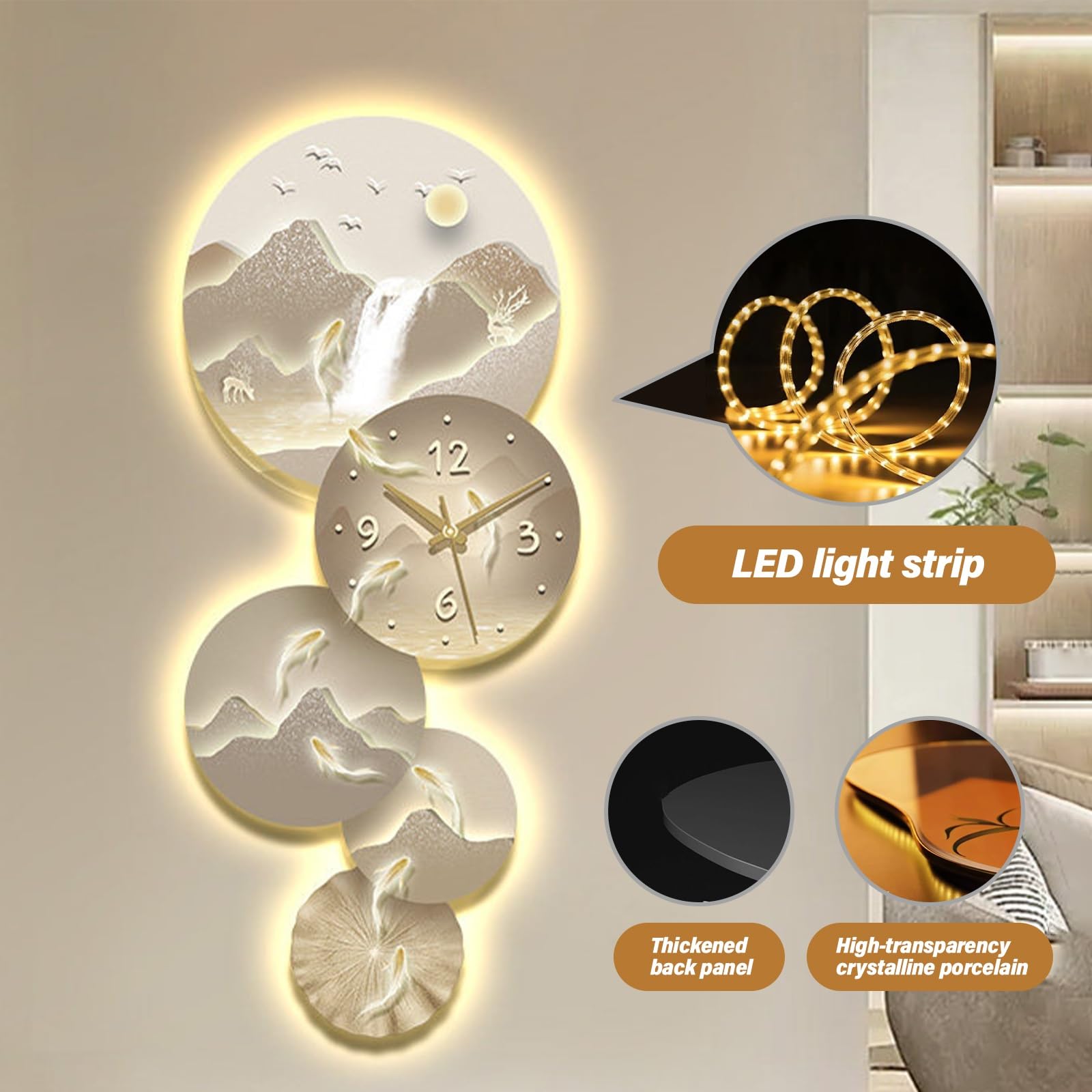 Orologio decorativo da parete 3D, orologio creativo silenzioso con luce LED, scultura decorativa moderna per soggiorno, camera da letto, ufficio, corridoio, ingresso