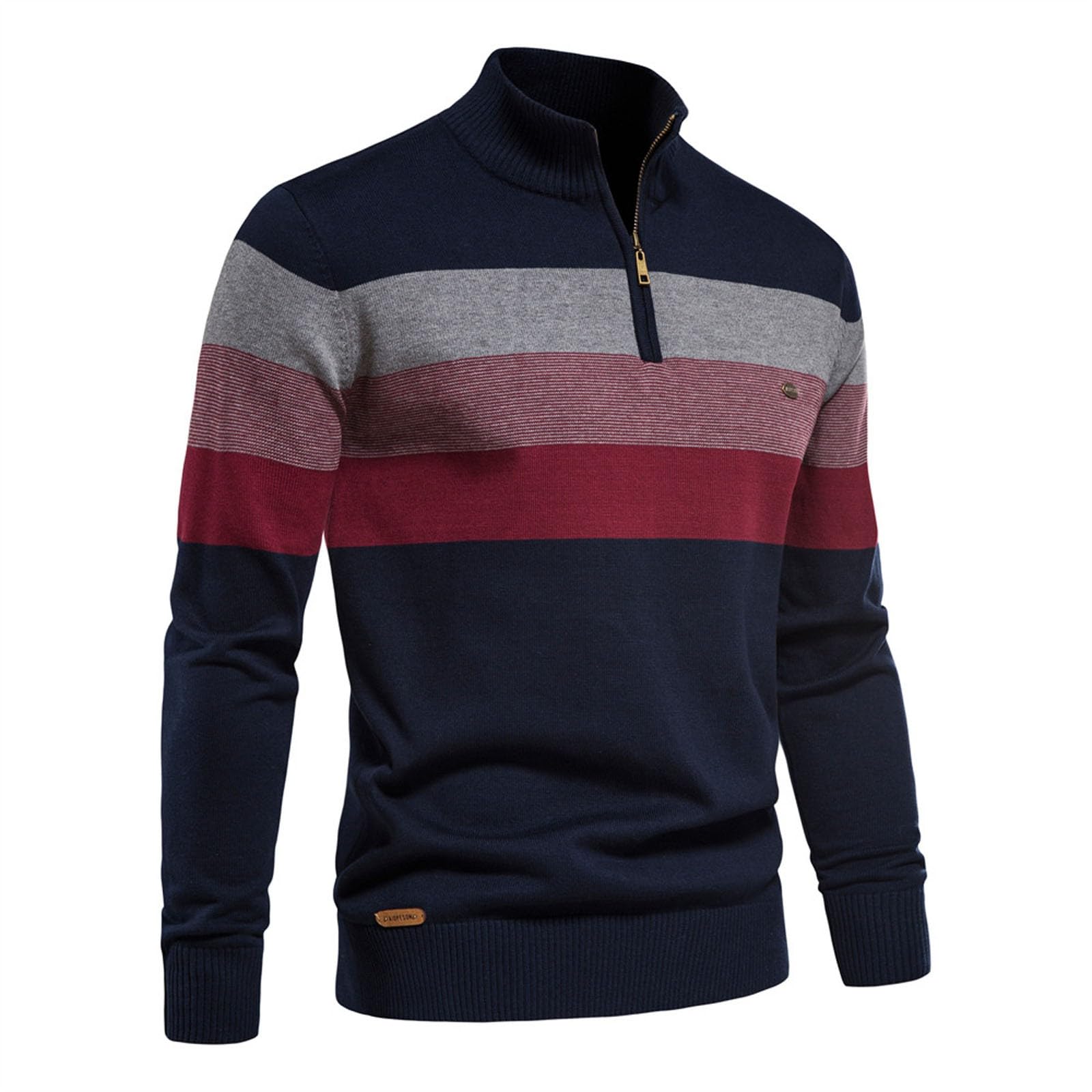Maglione da uomo Troyer in cotone a righe grossolane con colletto alto e chiusura lampo