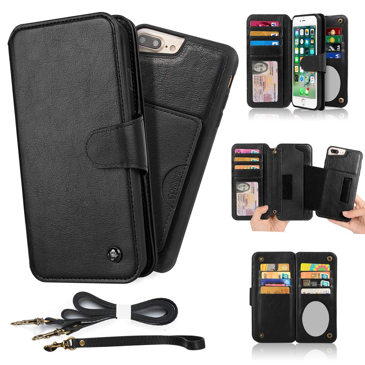 iPhone 8 Plus Wallet Case,Detachable Wallet Leather Cover 13 Card Holders, Wristlet and Shoulder Strap Handbag Purse Flip Stand Slim Mirror case Compatible with iPhone 6/7/8 Plus - Black
