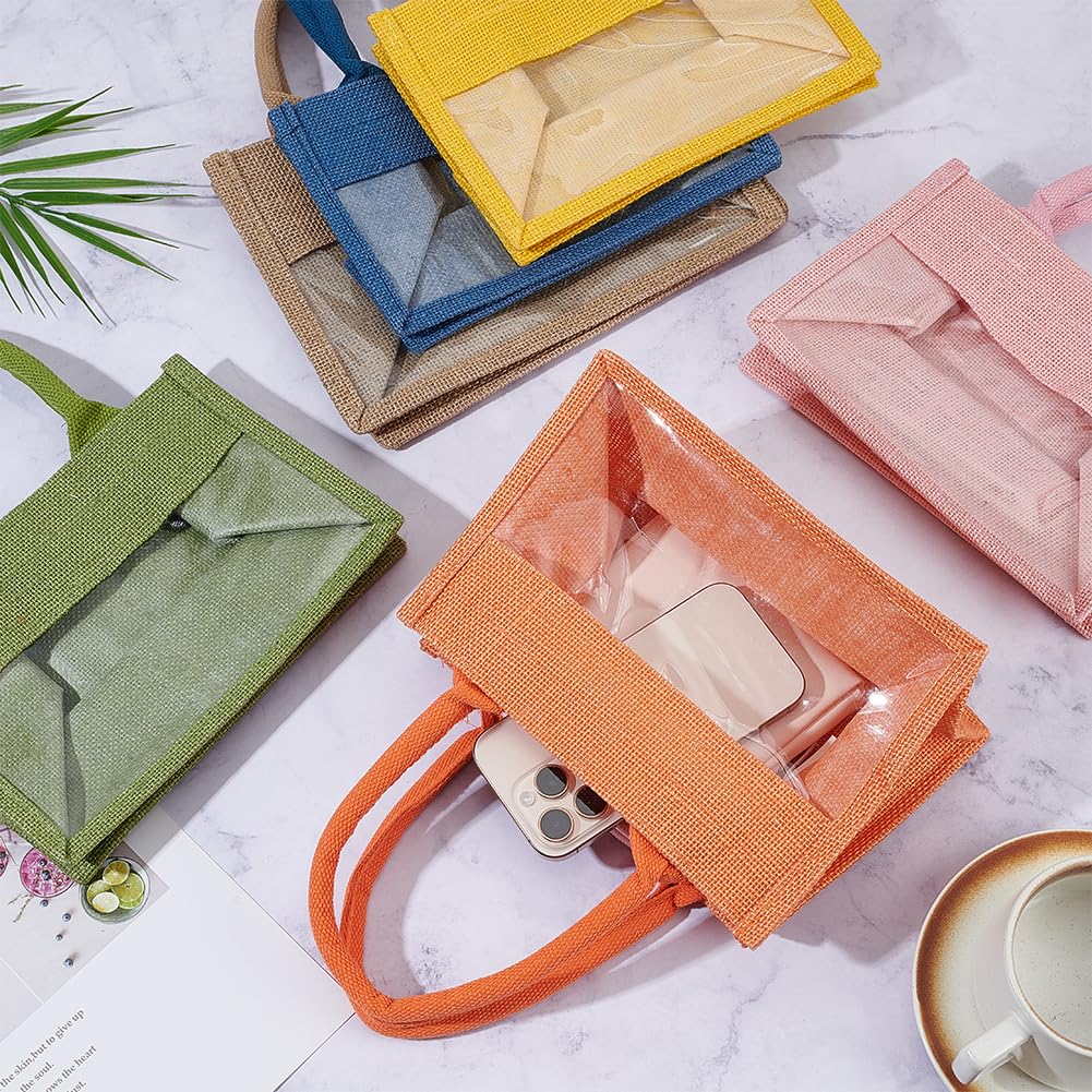 WADORN 12 Pièces Mini Sacs Tote En Jute Avec Fenêtres Transparentes 6 Couleurs Petits Sacs Tote En Jute Et Toile Avec Poignées Vierges Unis Réutilisables Pour Faveurs De Mariage Cadeaux