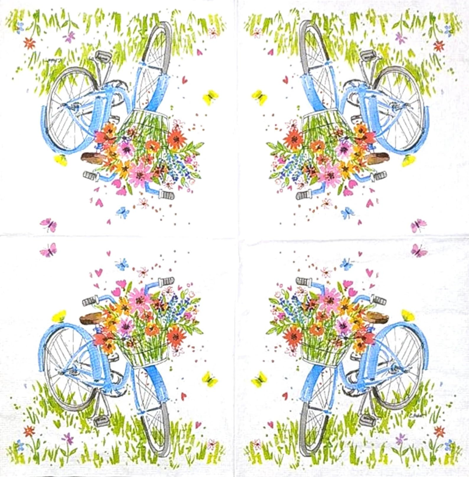 Set of 2 Individual Decoupage Paper Party Napkin Bicycle Bike Flowers Watercolor Decor Luncheon Napkins for a Birthday Holiday, Wedding, Cocktail Party