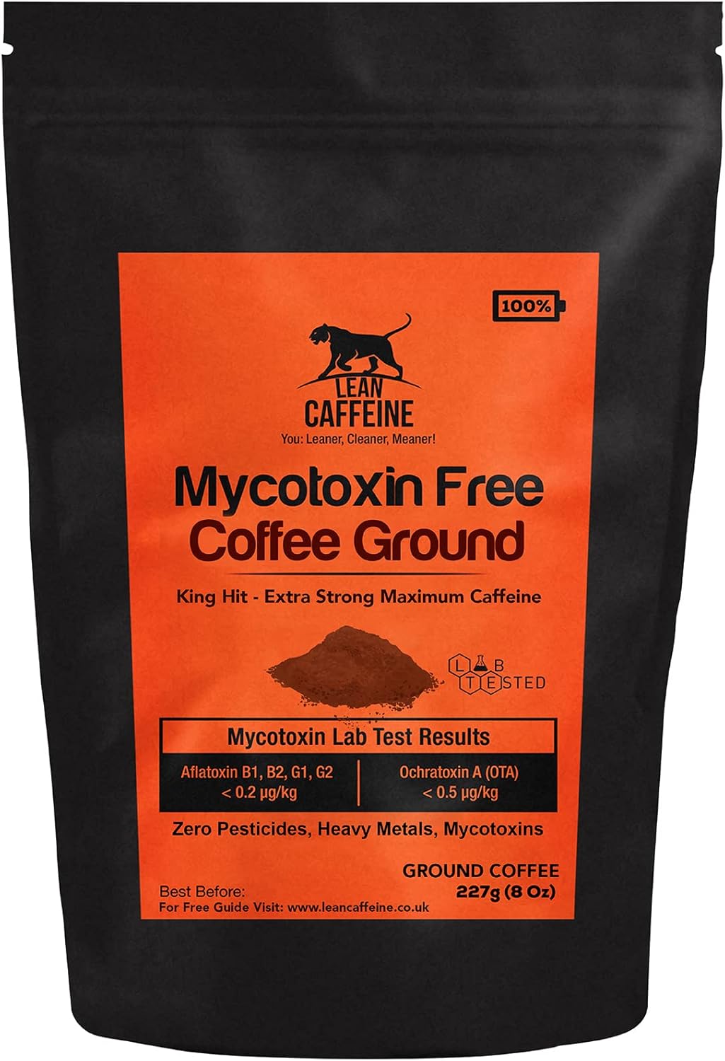 Lean Caffeine High Caffeine Ground Coffee 227g Super Clean Mycotoxin