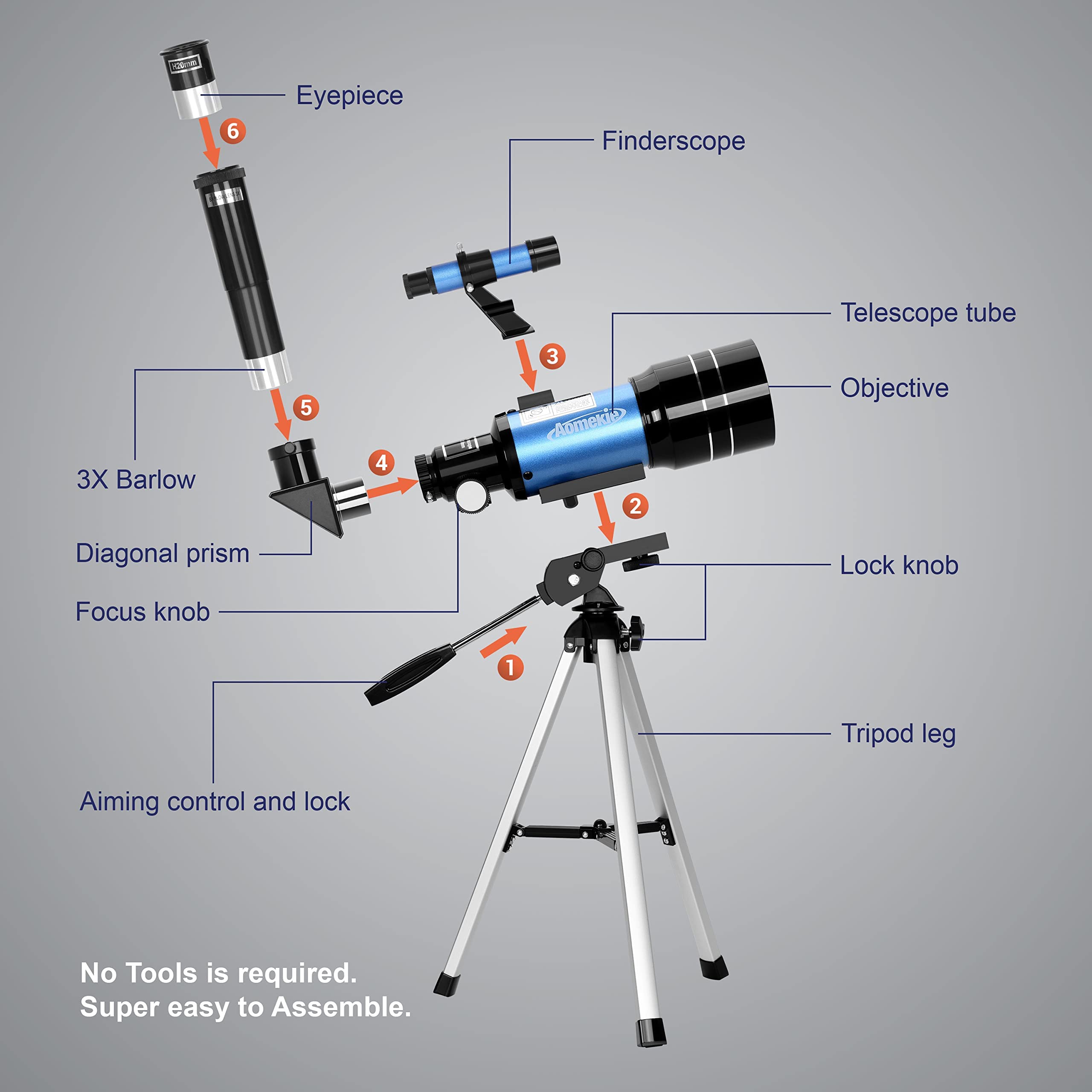 Aomekie Teleskop Kinder Einsteiger 70MM Teleskop Astronomie mit Smartphone Adapter Aluminium Stativ Barlow und Umkehrlinse (150, x)