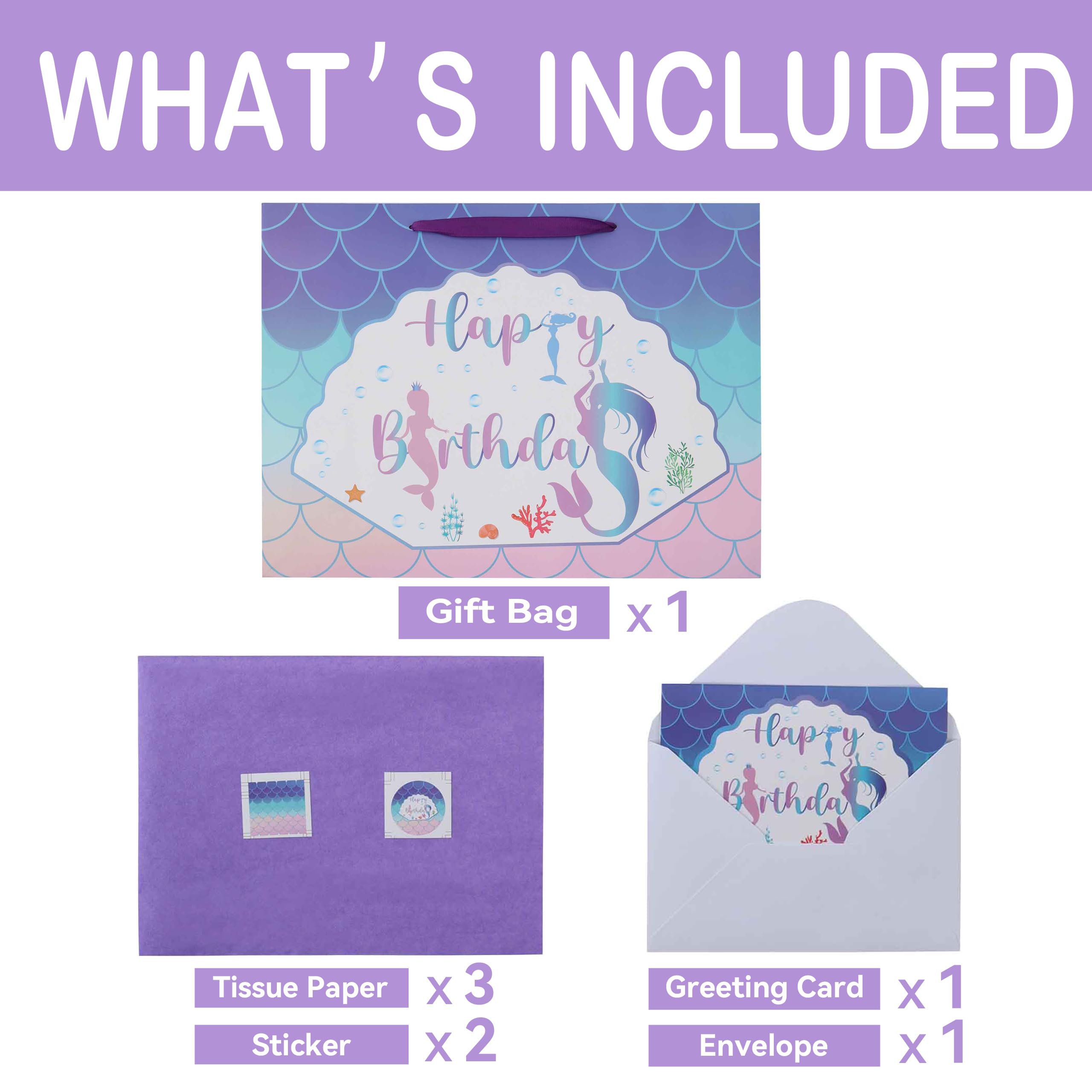 Qirrmiy 16.5” Extra Large Mermaid Happy Birthday Gift Bag Set with Handles, Greeting Card, Purple Tissue Papers and Stickers for Kids Girls Women Teens, 1 Pcs