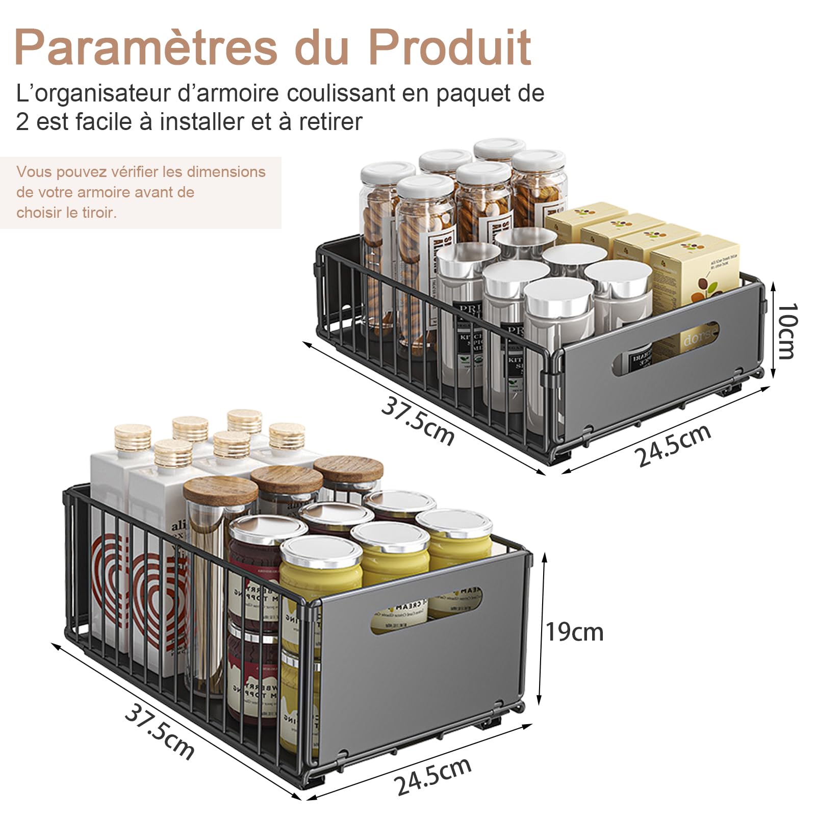 Organisateur de placard extensible pliable - Organiseur de tiroir extensible pour l'organisation des armoires de cuisine (Grand + Petit)