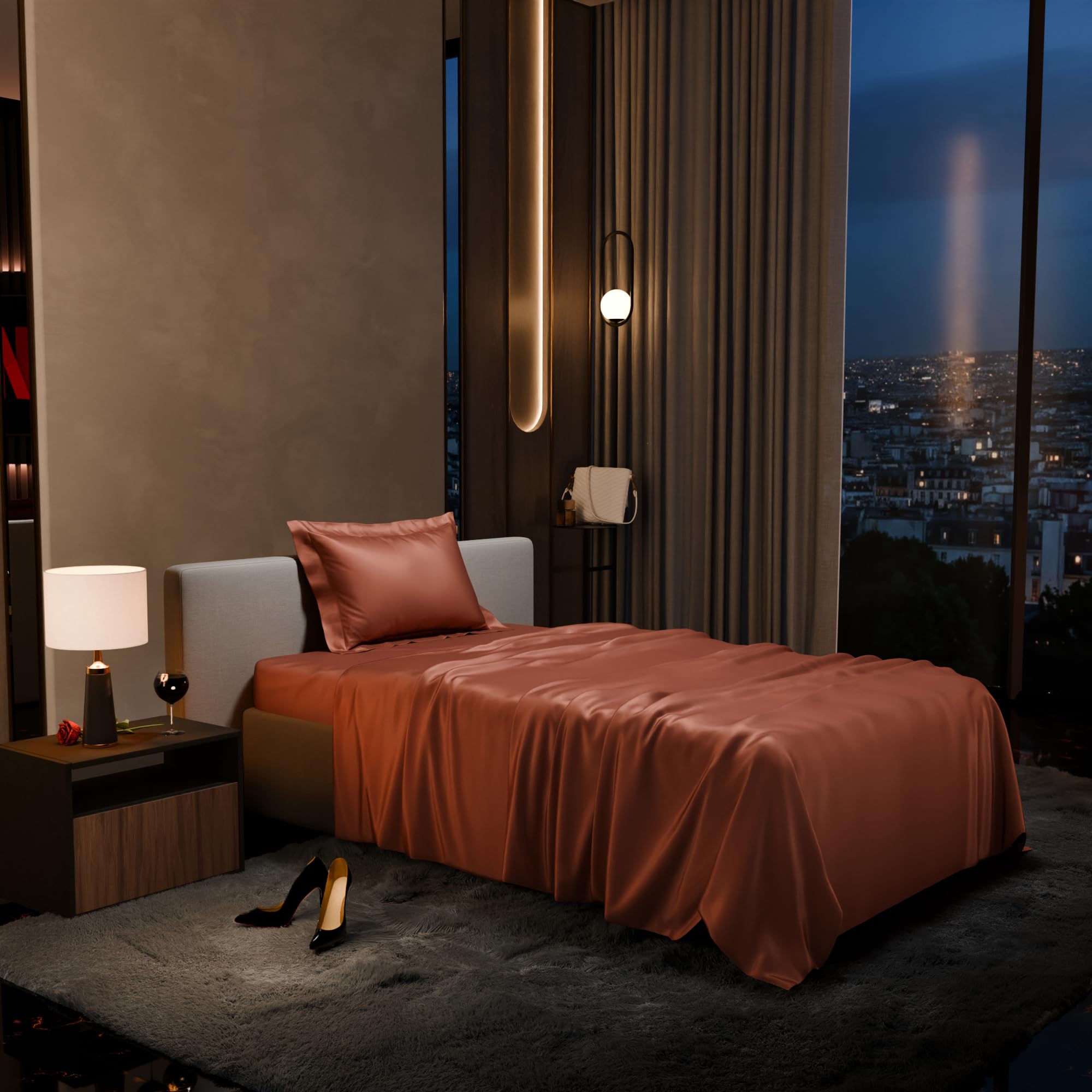 Stoa Paris 300 TC Satin Bedsheet Single Bed with Pillow Covers, Premium Ultra Satin Bedding Set, Gifts for Women, Couples, Wedding, Bedroom Home Furnishing, Date Night Collection - Melted Caramel-image-1