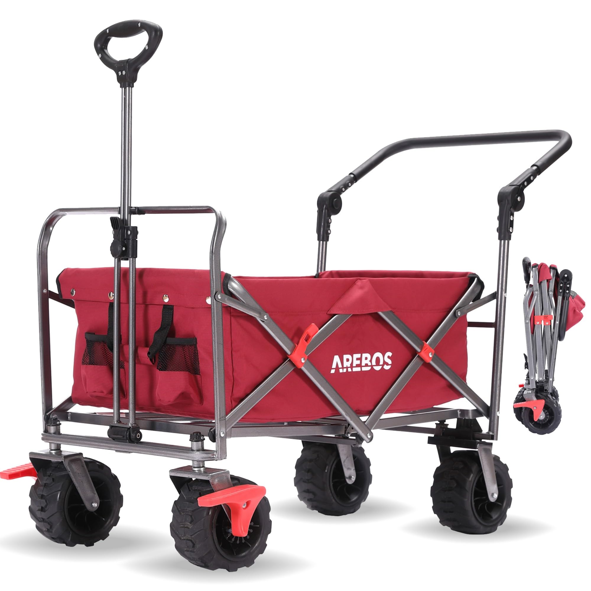Arebos Bollerwagen faltbar | Transportkarre | Gerätewagen | Handwagen | Faltwagen | inkl. 2 Netztaschen | mit Vorderrad-Bremsen & Teleskopstange | klappbar | bis 100 kg Tragkraft | Rot