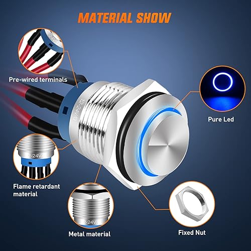 Vista 7 de Nilight 12mm Push Button Switch 5PCS with Pre Wired Harness 12V 24V Stainless Steel Self Locking Latching LED Round Switches SPDT 4Pin Waterproof 5