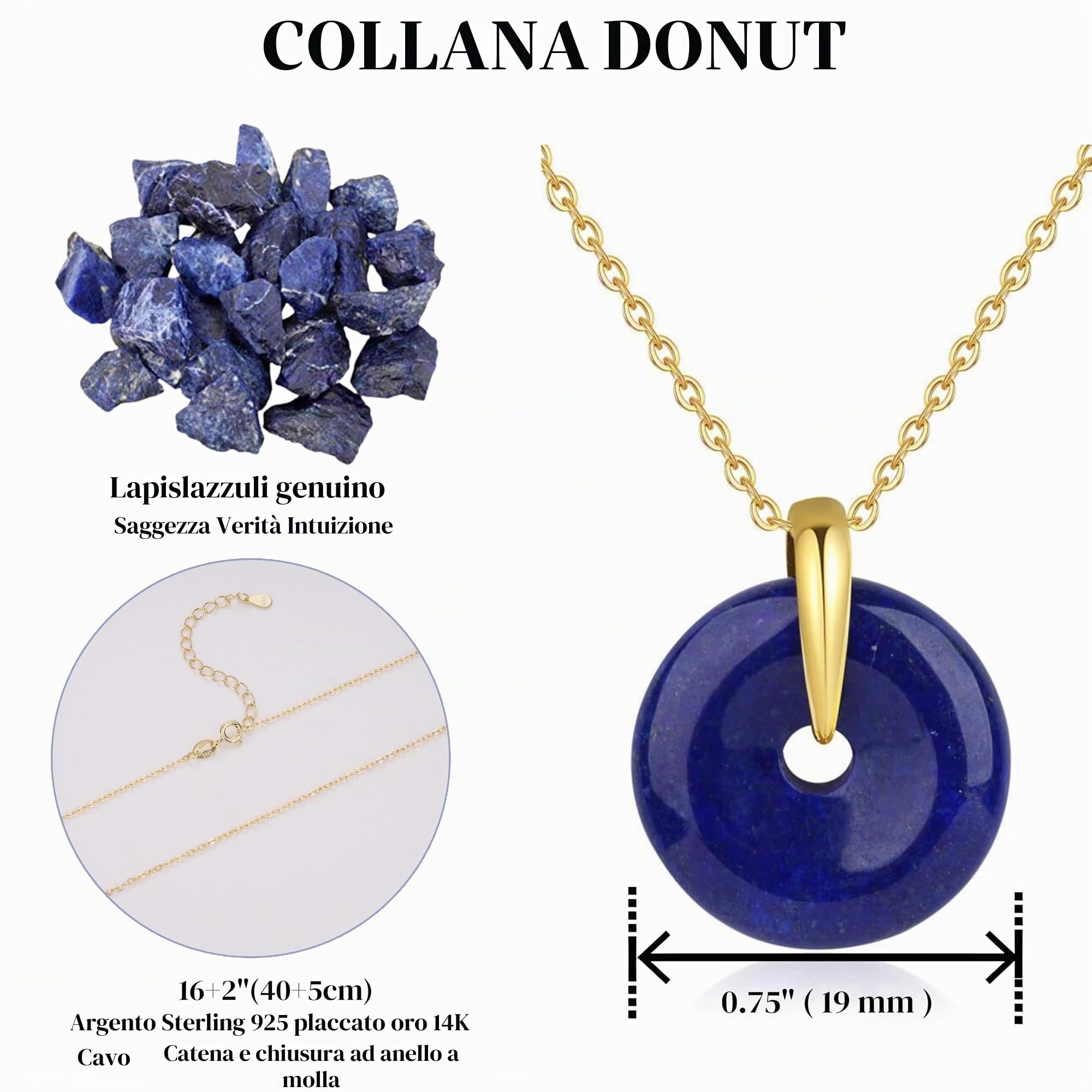 COAI Collana da Donna in Argento 925 Placcato Oro 14K con Ciondolo Ciambella di Pietre Dure, Collana Pietre Naturali Donna Ping'An Kou - Pietra di Luna e Lapislazzuli