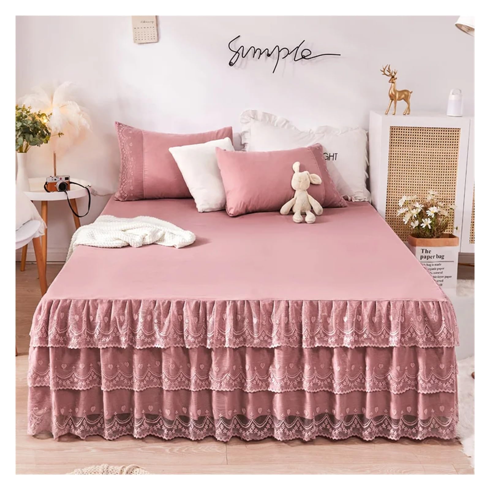 Bed Skirt Pillowcase Bed Set Ruffle Three Layers Lace Bedspreads Sheet Soft Fitted Sheet Cover(21,180x200cm 3pcs set)