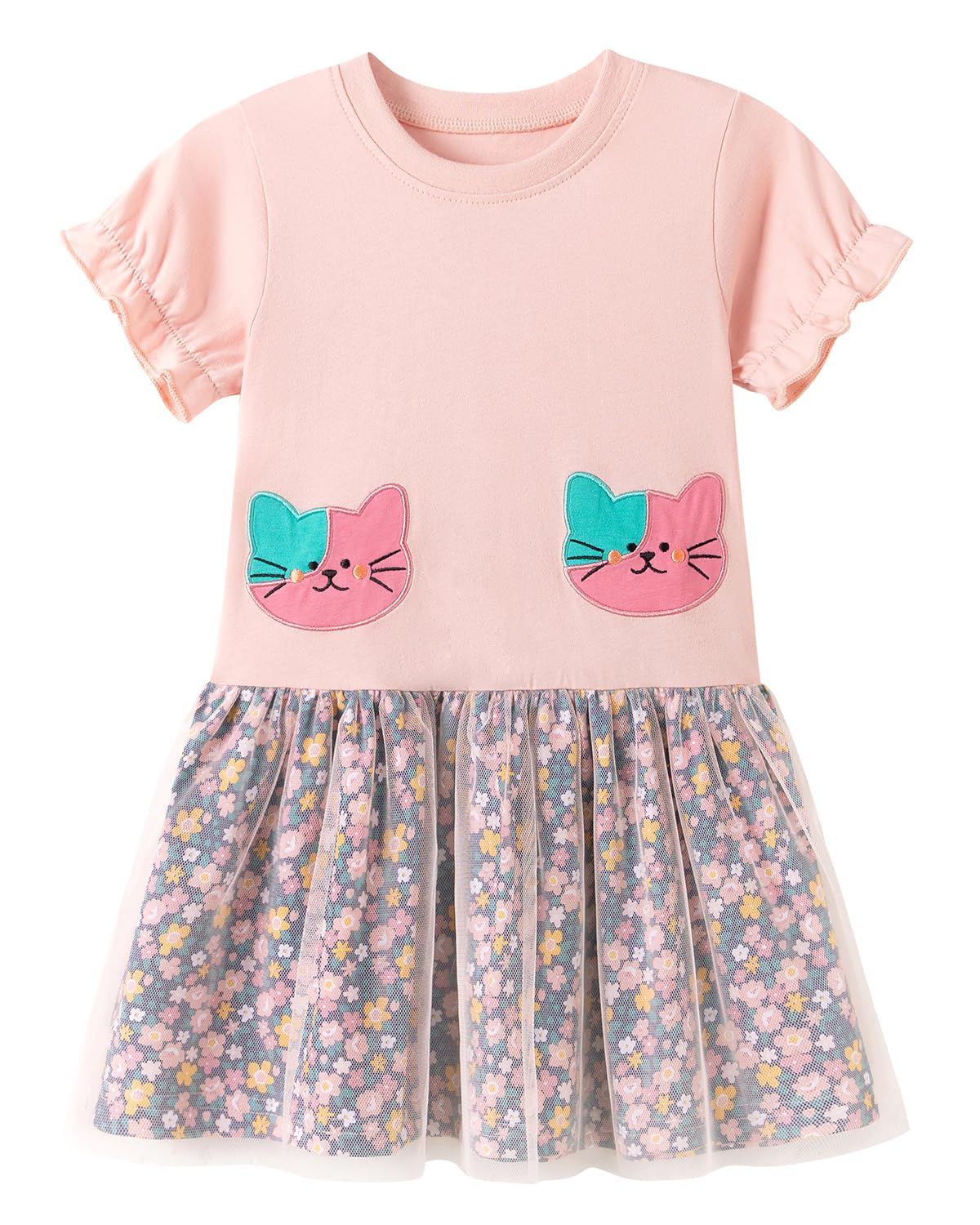 Girls Cotton Long Sleeve Casual Cartoon Appliques Striped Jersey Dresses