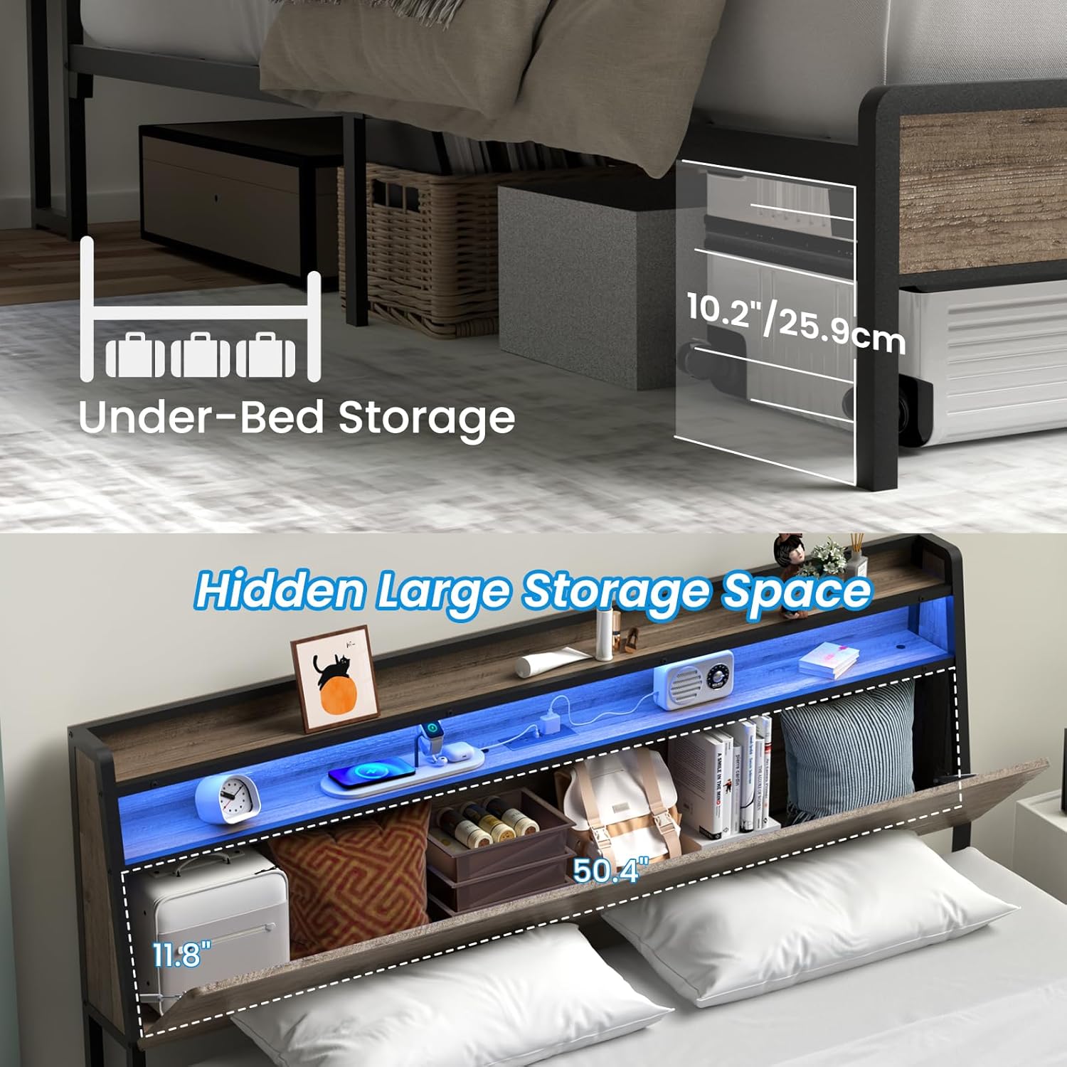 BedStory Bed Frame Queen Size with Charging Station, LED Bed Frame with Wood Storage Headboard, Ergonomic Headboard with Under Bed Storage, No Box Spring Needed, Noise Free Easily Assembly - Image 7