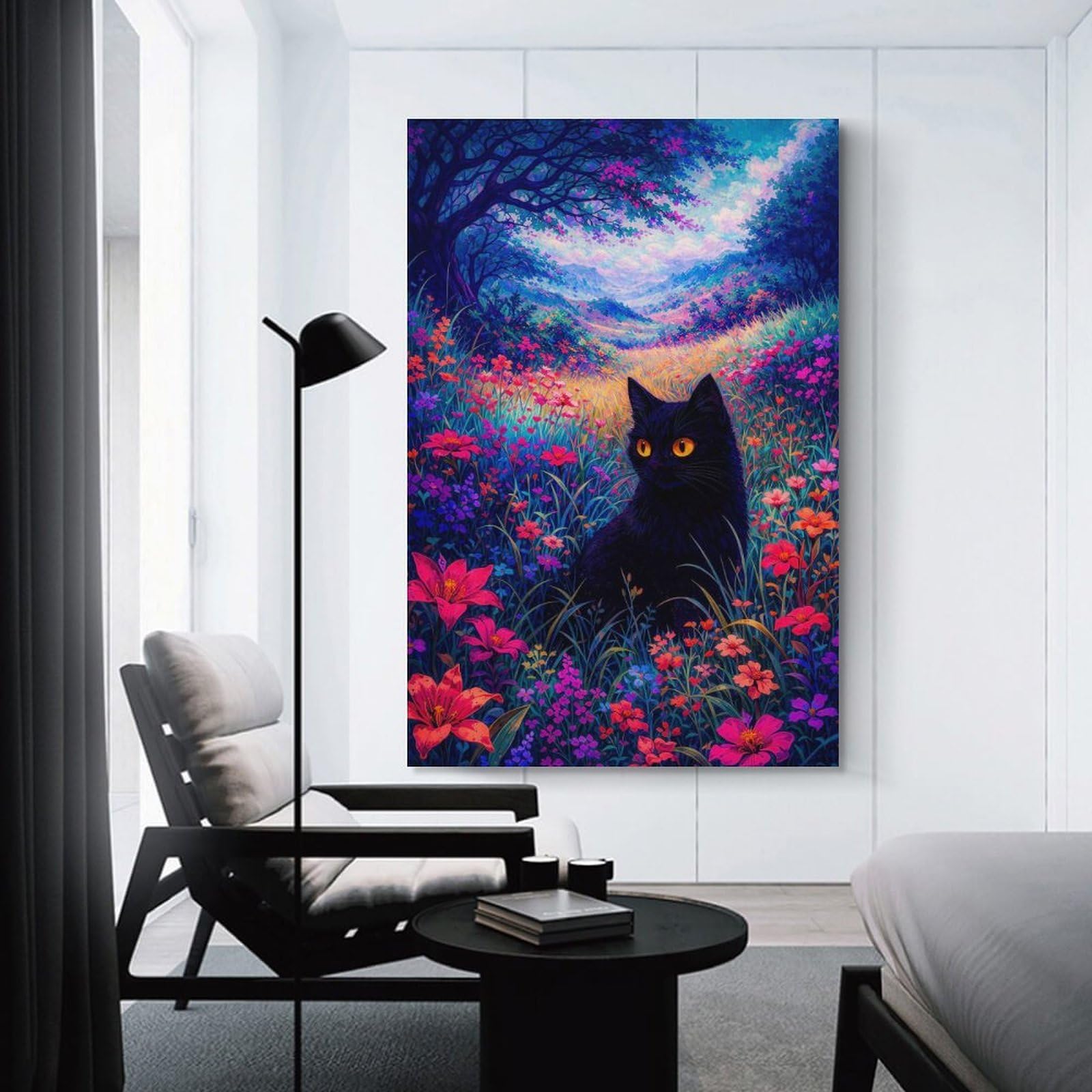 Junmoney Wall Decor Canvas Print Black Cat in A Vibrant Flower Field, 24x36inch(60x90cm), for Bedroom Walls, Guest Spaces Or Lounges, Decorative Wall Art for Cosy Rooms