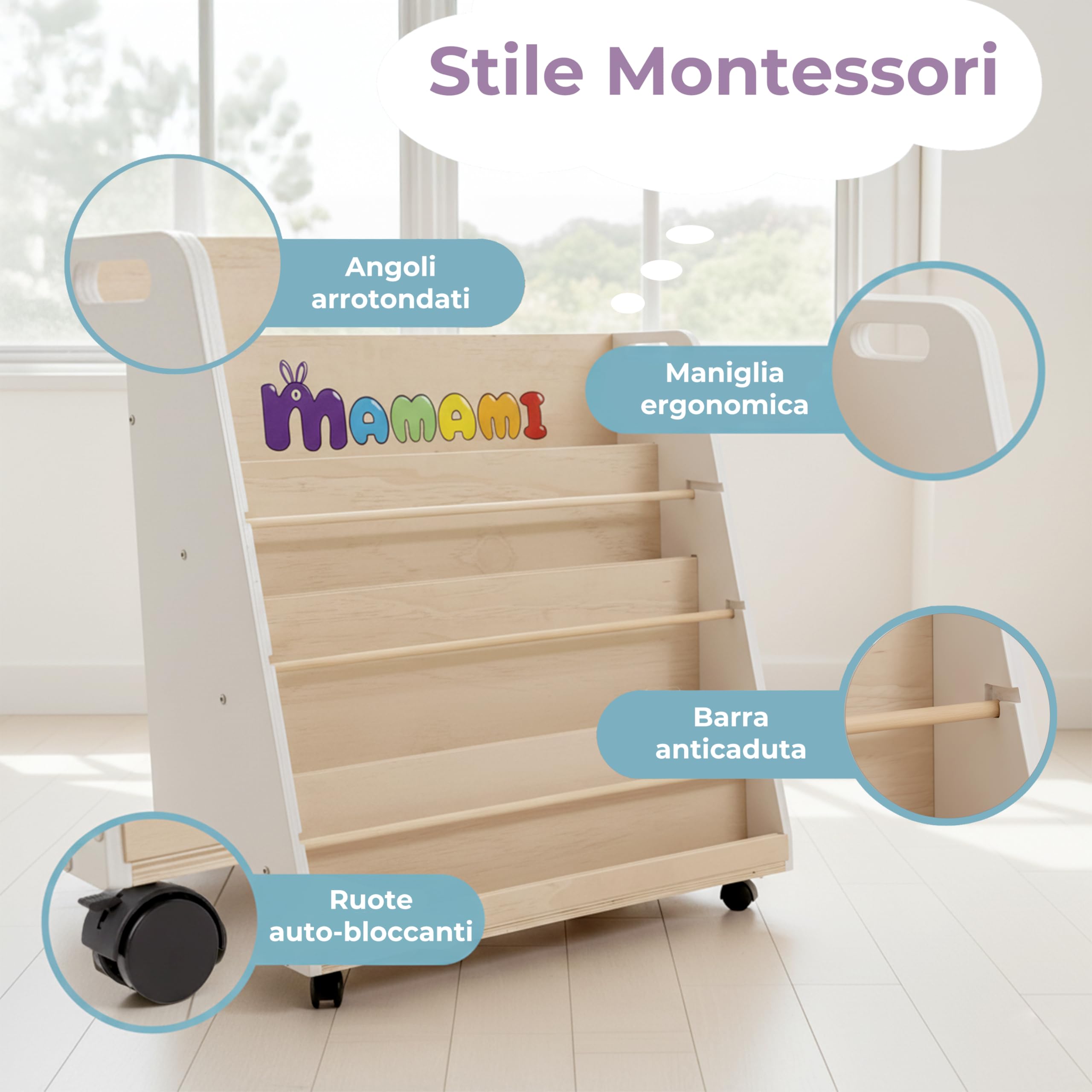 Libreria Montessoriana per Bambini,in Legno spessore 1.5 cm, 4 Ripiani Frontali e Vano Posteriore, Ruote Opzionali, 72x67x35 cm