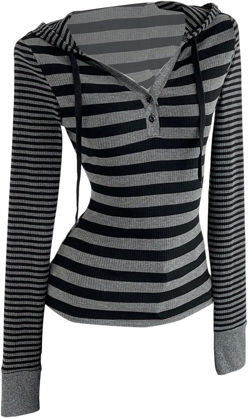 Women's Striped T Shirt Long Sleeve Hoodies Tee Y2k Tops Fall Clothes