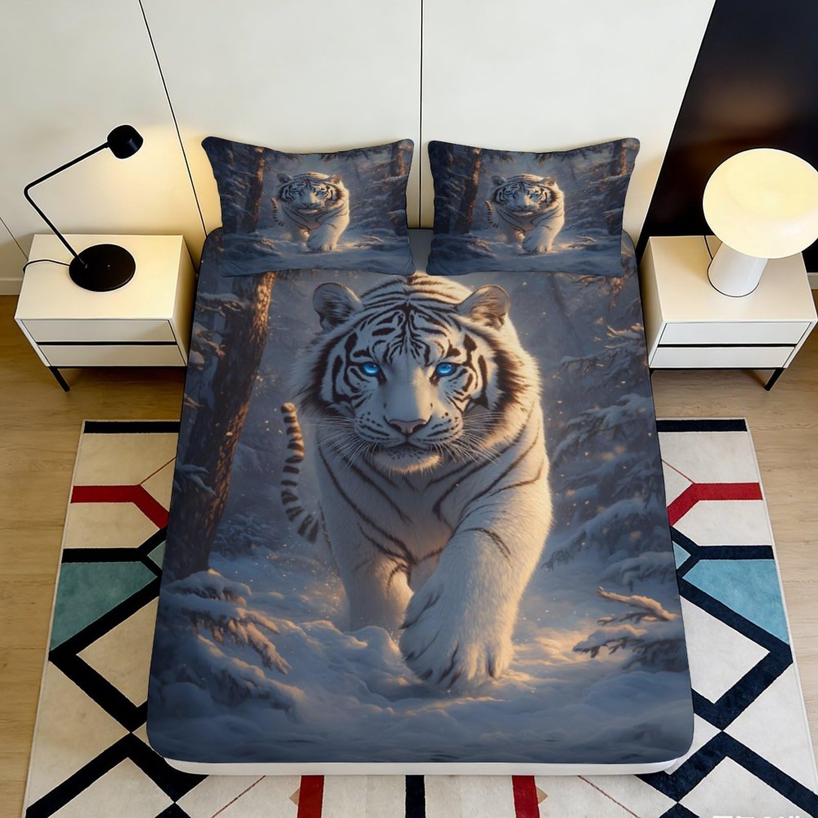 3D Printed White Tiger Forest Fitted Sheet Microfiber Soft Breathable Snow Night Bed Cover for Bedroom Dorm Mattress Protection Decor 200x200x25cm