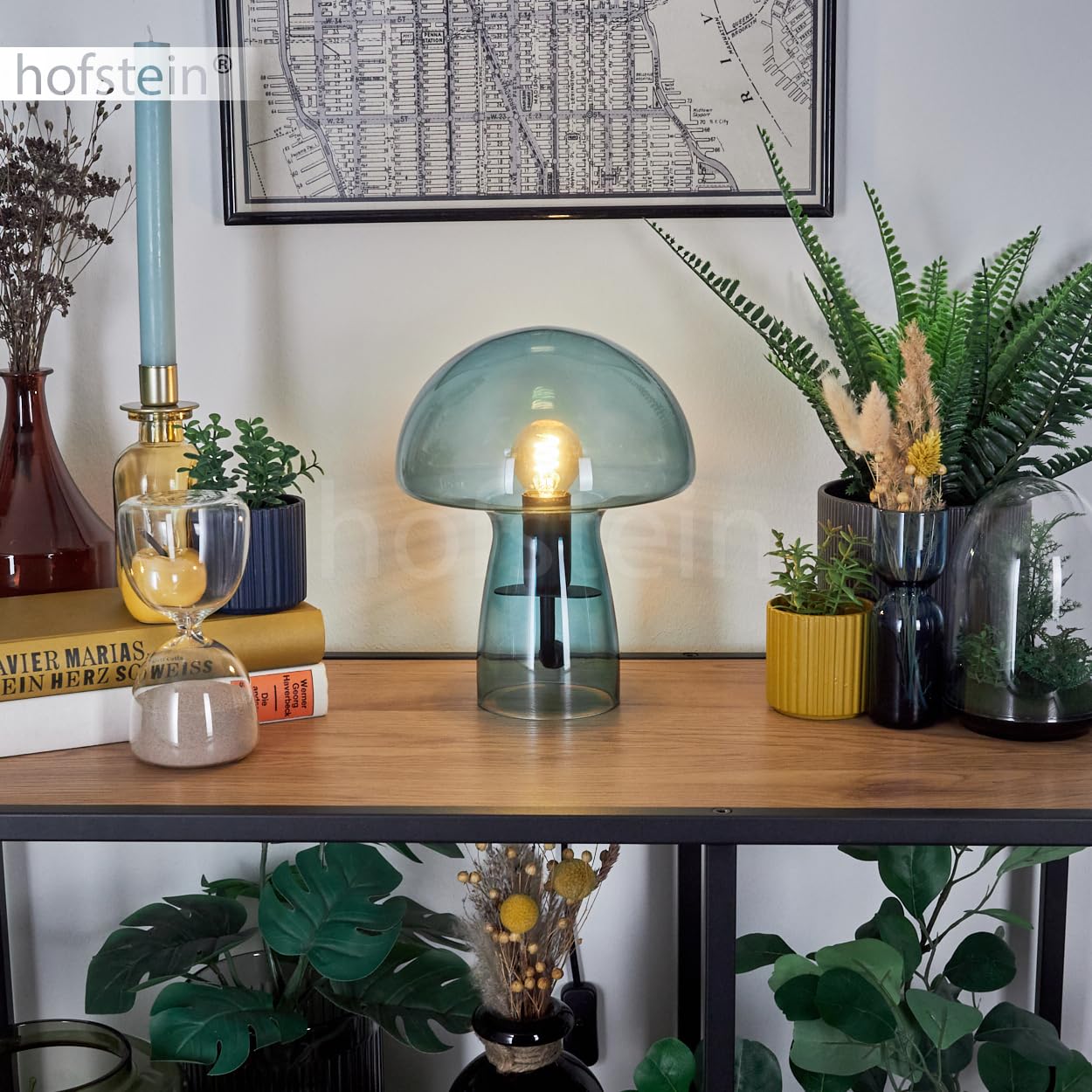 HOFSTEIN Tischleuchte Almagre, Tischlampe aus Metall/Glas in Schwarz/Blau, Leuchte im modernen Vintage/Retro-Design mit Schirm aus Glas, Ø 18cm, An/-Auschalter am Kabel, E14, Wohnzimmer, Schlafzimmer