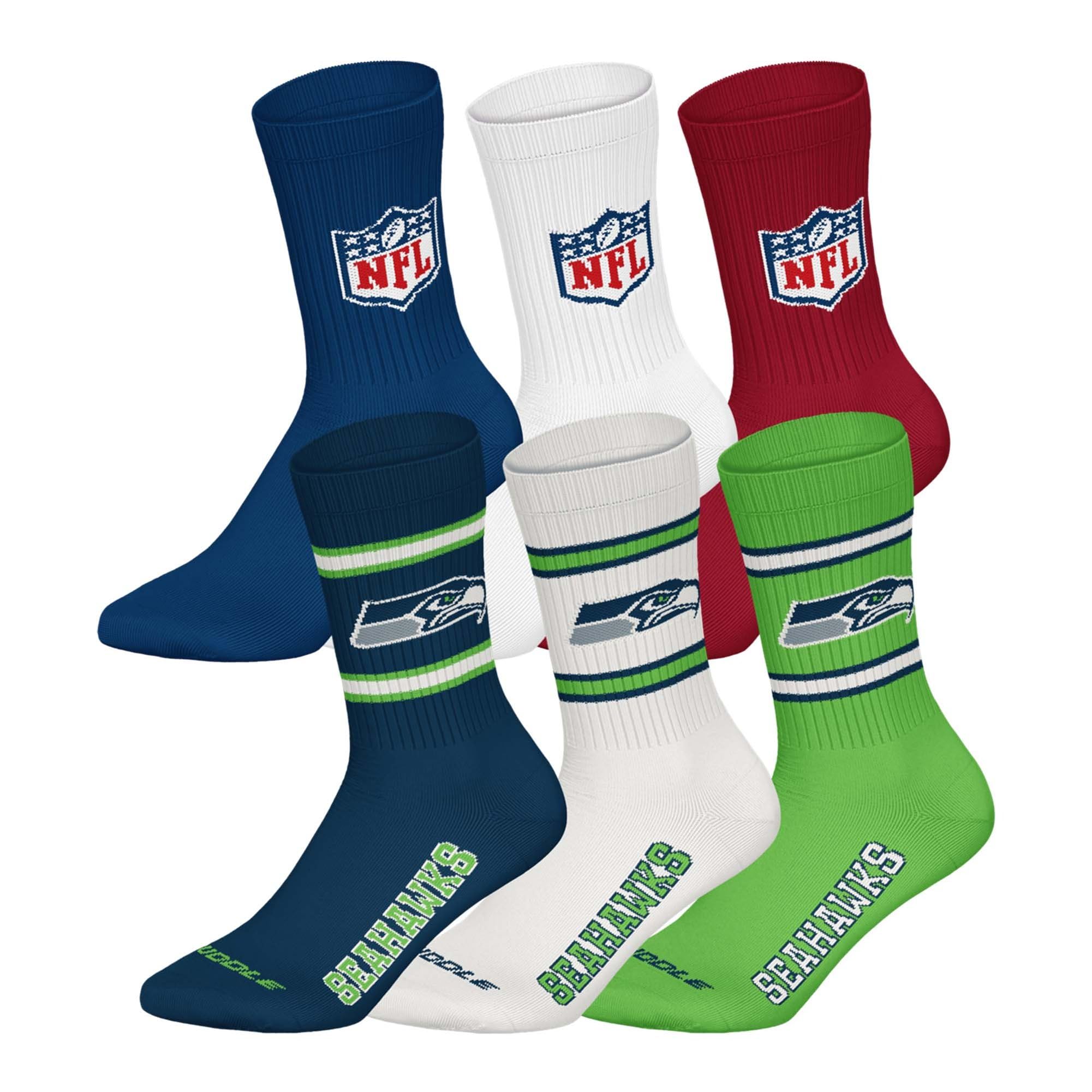 NFL Unisex Team Crew Socks, Seattle Seahawks, Mix, 39-42, Pack of 6