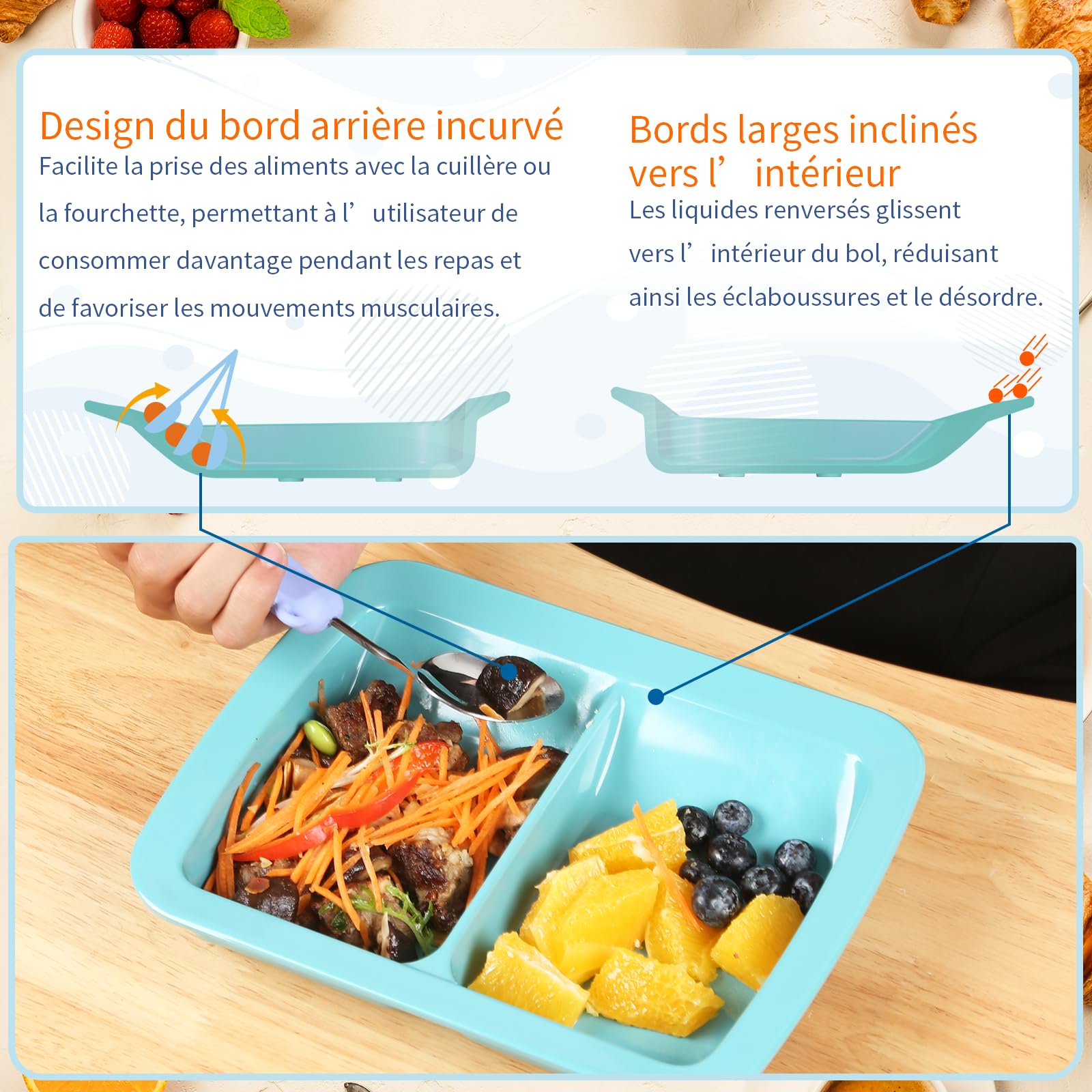 Platos Adaptables De Melamina Con Borde Inclinado Y Antideslizante Con Pared Elevada Para Personas Mayores, Discapacitados, Artríticas De Comer Solo (Cavidades Gemelas)
