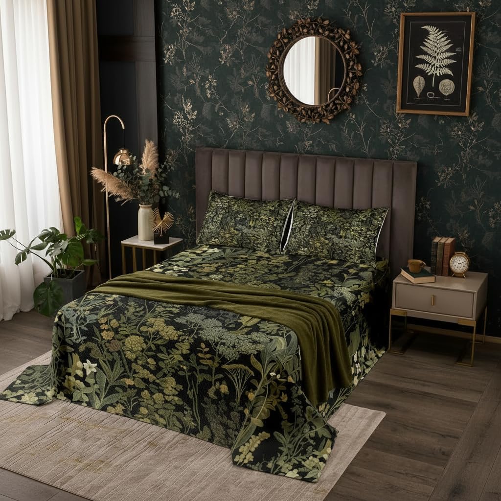 Retro Botanical Bedspread Queen Size,Dark Green Leaves Bedding Sets 3Pcs for Kids Teens Adult Room Decor,Tropical Fern Plants Comforter Set Rustic Farmhouse Style Quilt Coverlet,2 Pillowcases