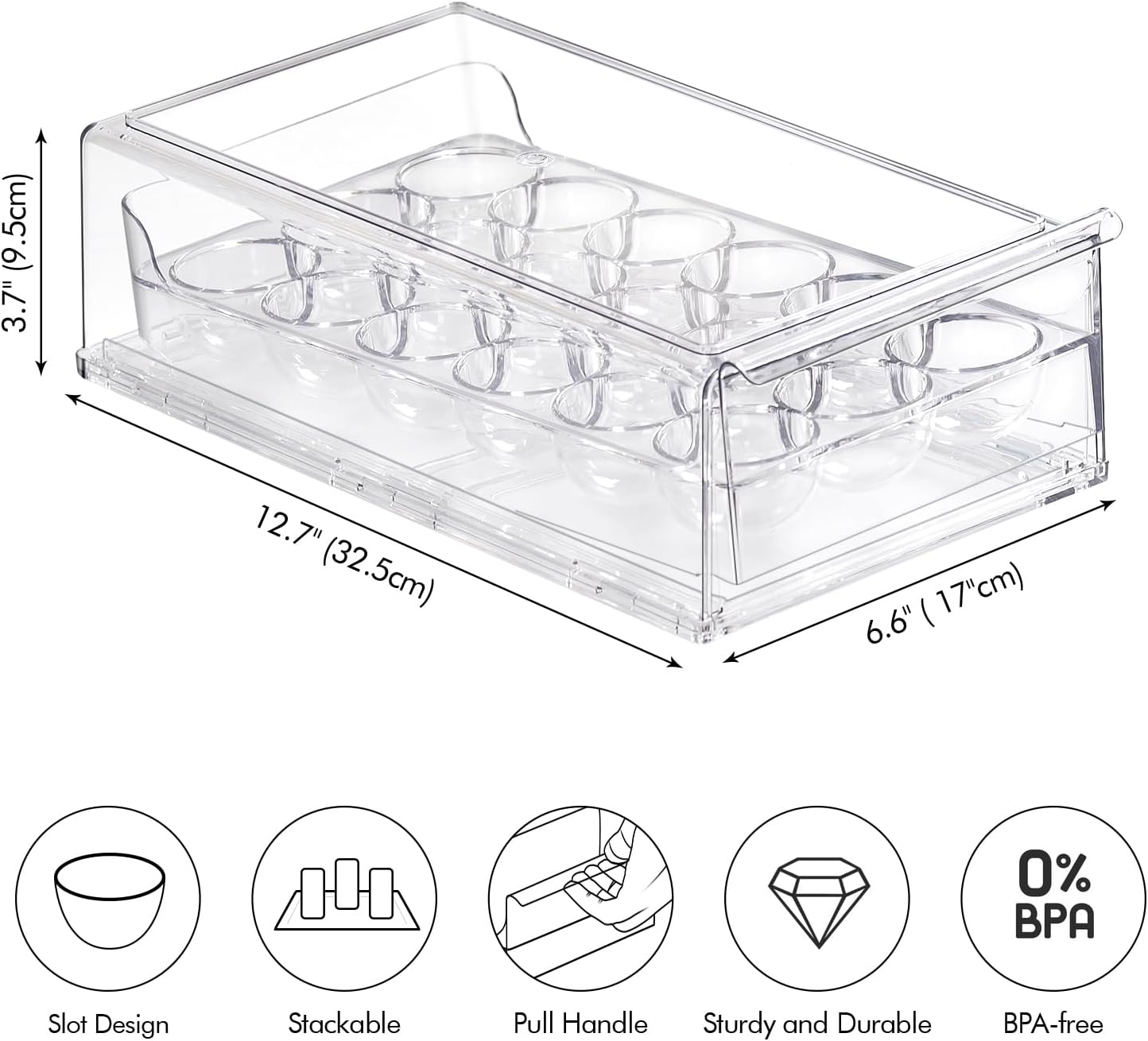 Egg Container for Refrigerator, Stackable Egg Holder, Drawer Type Egg Organizer Holds 18 Eggs – Transparent
