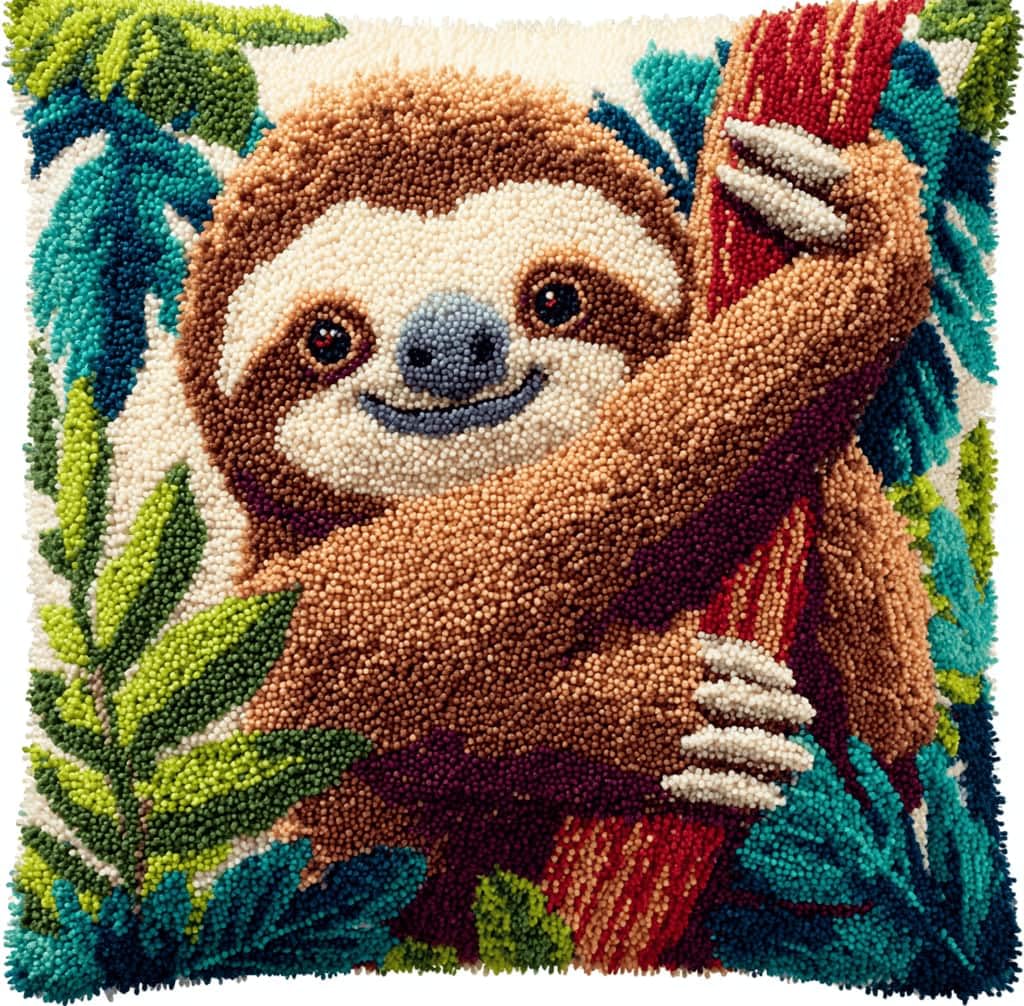 Kitquiver Latch Hook Kits Jungle Sloth for Adults,Beginners DIY Latch Hook Cushion Kits and Latch Rug Kits Cross-Stitch Embroidery Cushion Cover for Home Sofa Decoration 17X17 in