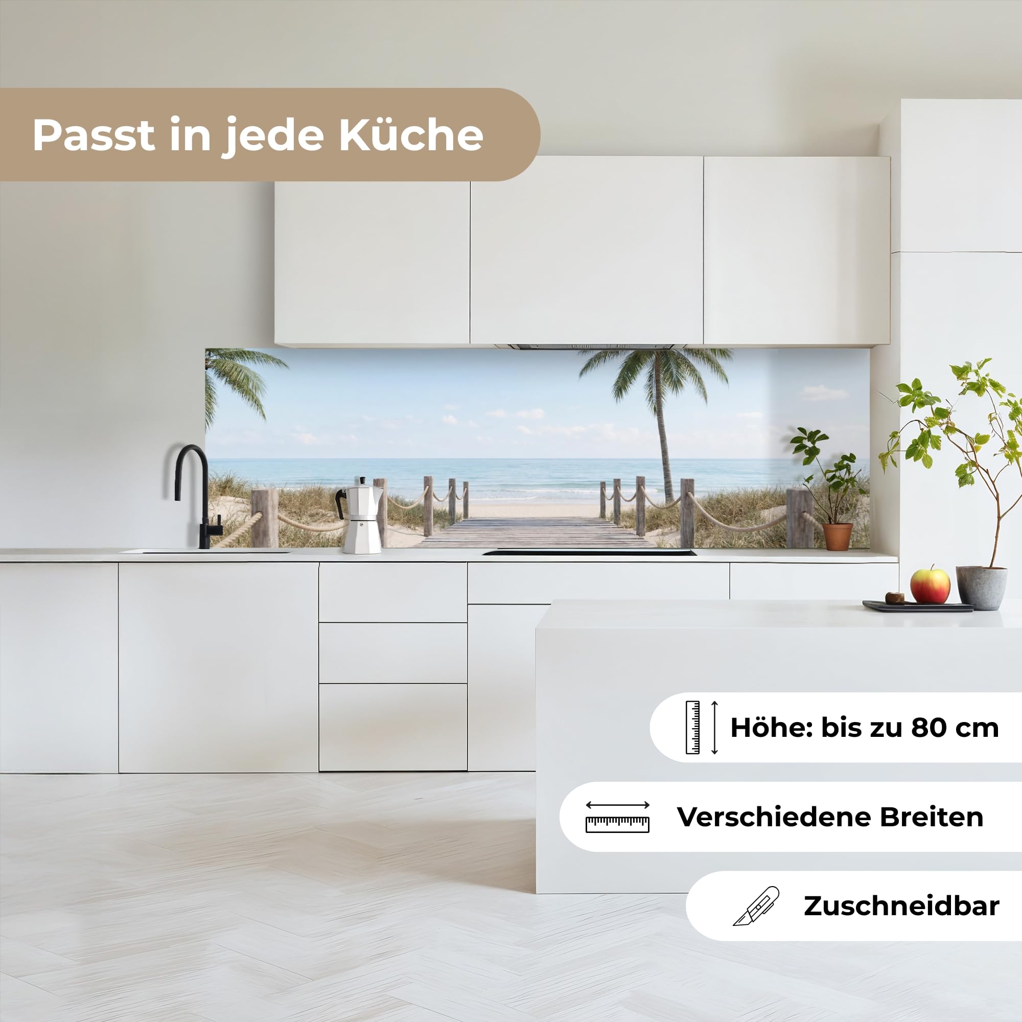 KitchenYeah© Spritzschutz Küche 60x200 cm Küchen Rückwand Küchendeko Wand Wandschutz Selbstklebend Backsplash Kitchen Peel and Stick Palmen - Weg - Horizont