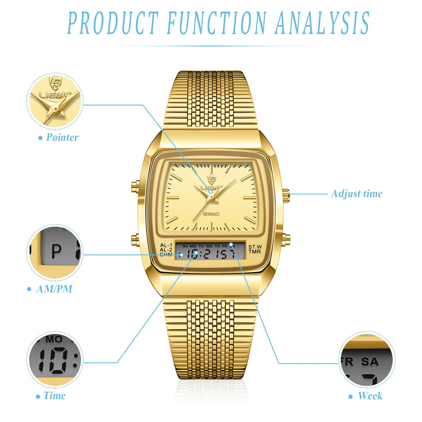 JewelryWe Zegarek męski cyfrowy kwarcowy: 2 szt. 30 m wodoszczelny analogowy zegarek na rękę zegarek cyfrowy męski złoty stal szlachetna bransoletka chronograf zegarek z prostokątnym cyferblatem,