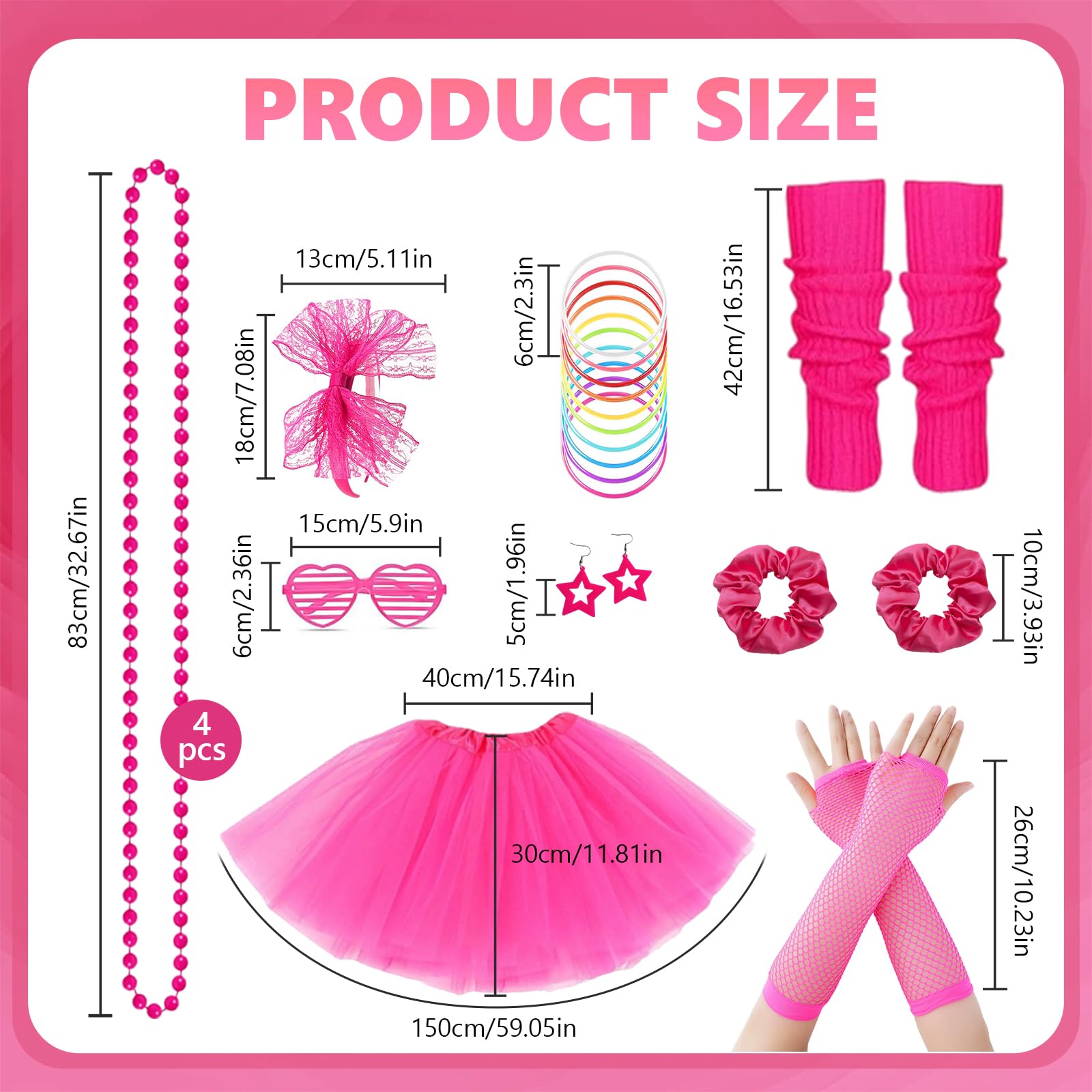 80s Costume Accessories Set for Girls 21Pcs 1980s Fancy Dress Outfit with Tutu Skirt Fishnet Gloves Leg Warmers Bow Headband Necklace Bracelets Glasses - Image 2