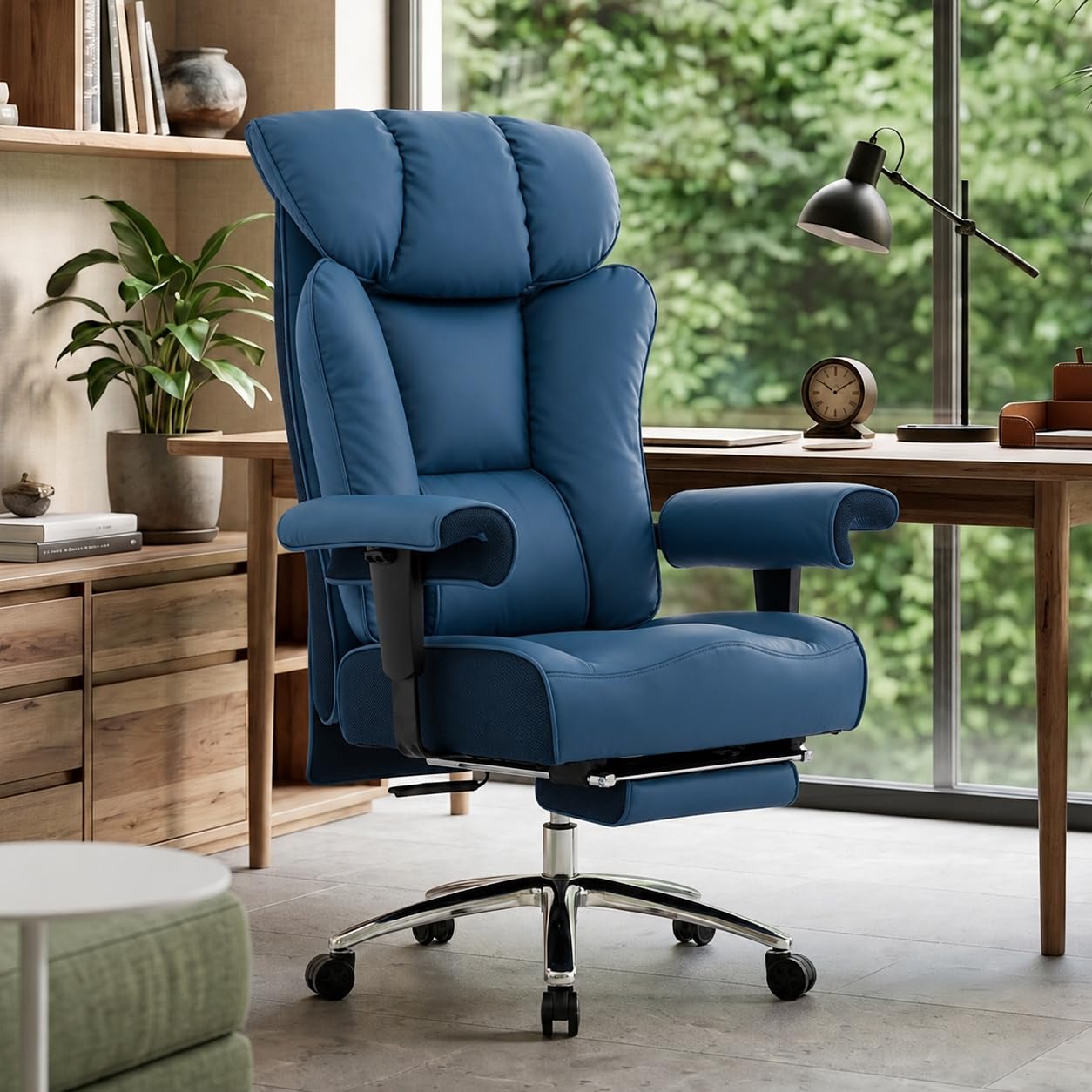 Efomao Desk Office Chair, Big and Tall Ergonomic Executive Chair with Footrest, High Back Reclining Computer Desk Chair, Thick Padded Wide Armrests 200KG Heavy Duty PU Leather Office Chair