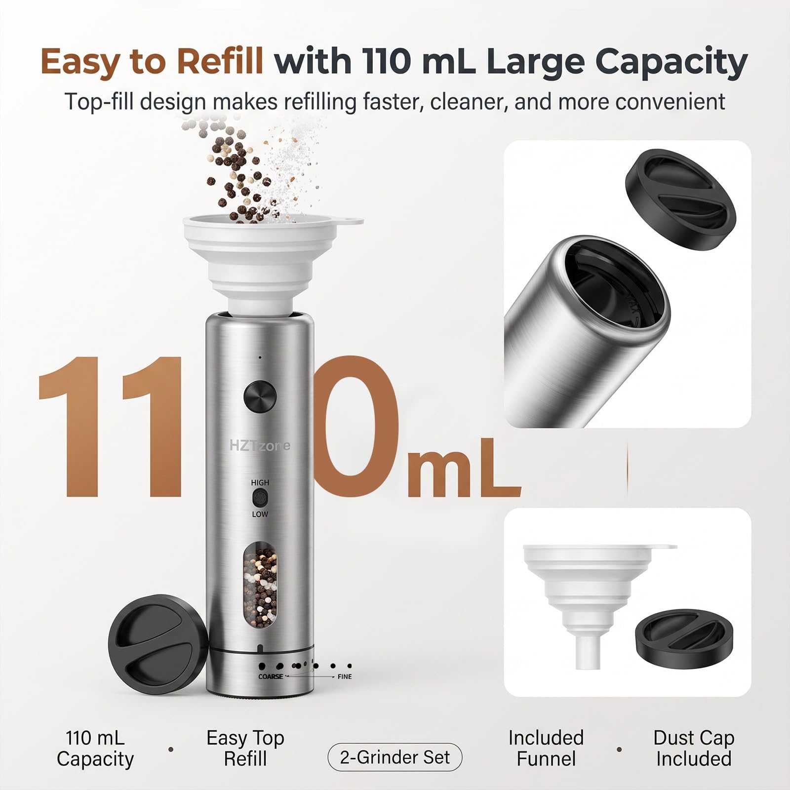 Moulin à Poivre Électrique Set, Moulins Sel et Poivre Rechargeables avec Socle, 6 Niveaux de Céramique Mouture, grande 110ml capacité, Réglage 2 Vitesses et Lumière LED pour Cuisine et Barbecues
