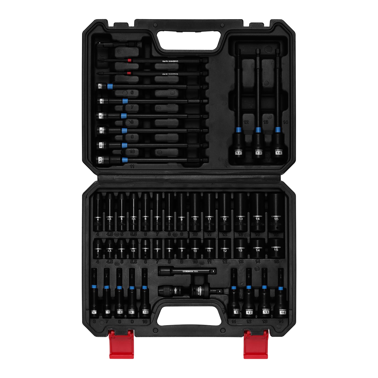 CASOMAN Set di 52 cacciaviti magnetici da 1/4" e bussole a impatto basso e profondo da 1/4", metriche, con adattatore, barra di estensione, giunto universale e punta a percussione lunga