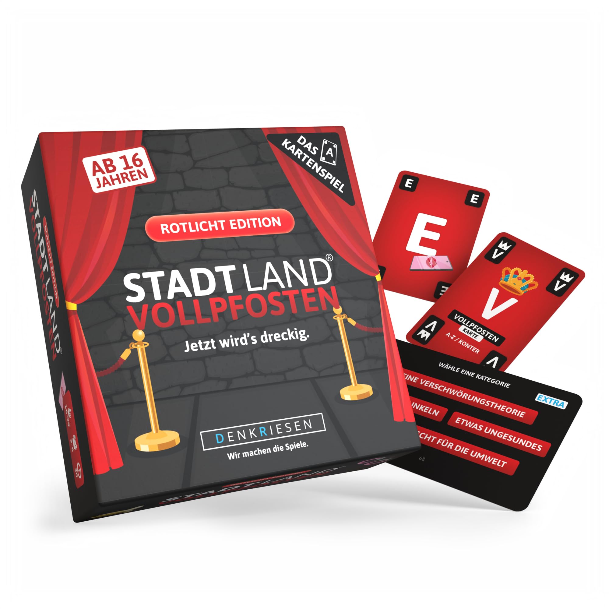 DENKRIESEN - Stadt Land Vollpfosten® – Das Kartenspiel - Rotlicht Edition - 'Jetzt wird's dreckig.' | Geschenk | Reisespiel | 200 Kategorien | ab 16 Jahren | 3-6 Spieler | Party | Stadt Land Fluss