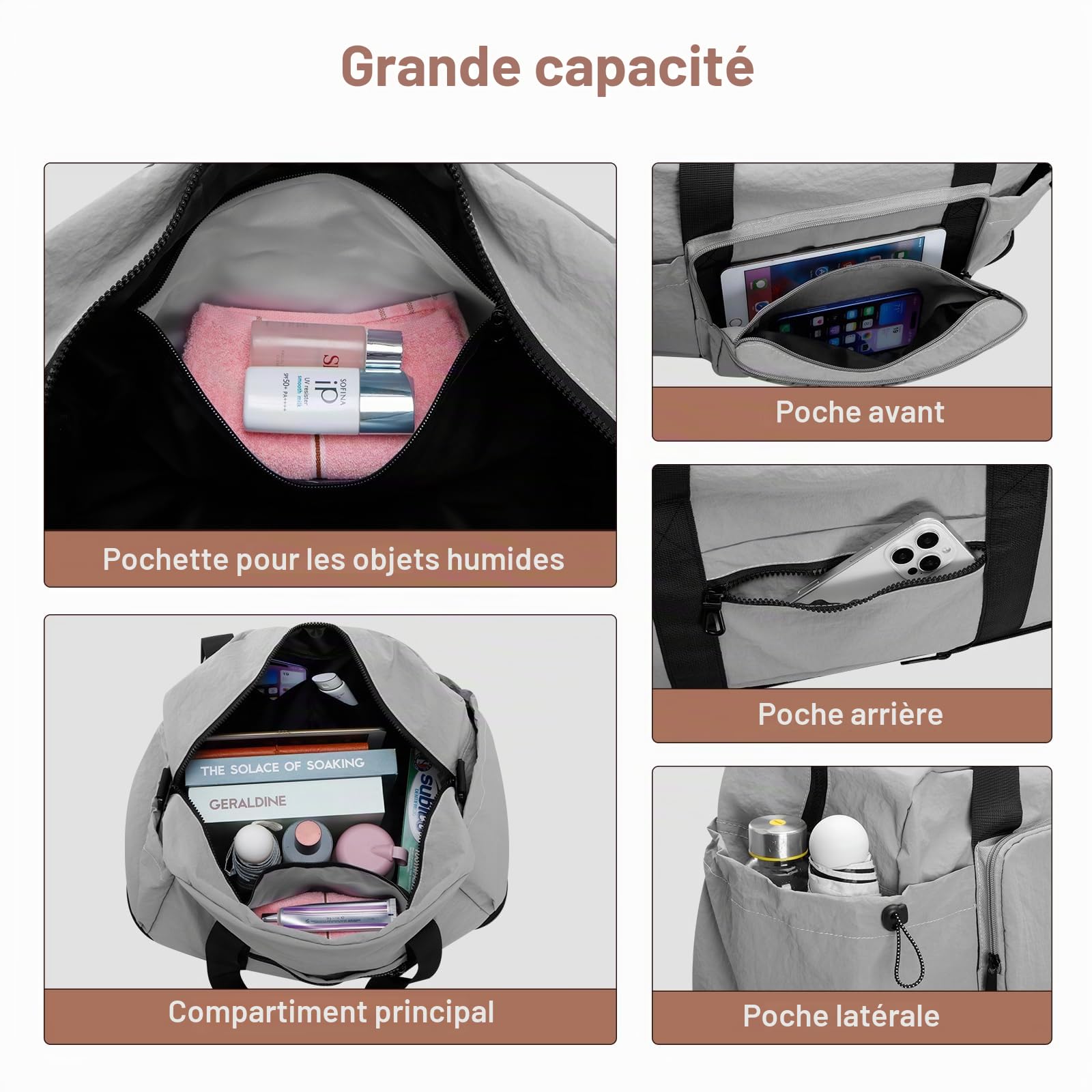 HUA ANGEL Sac de Voyage Pliable Extensible Ultra-Léger Sac de Sport & Weekend avec Poche Étanche - Grand Sac Cabine Avion pour Homme Femme Fitness Yoga Boxe Piscine Vacances(30-35L) Gris