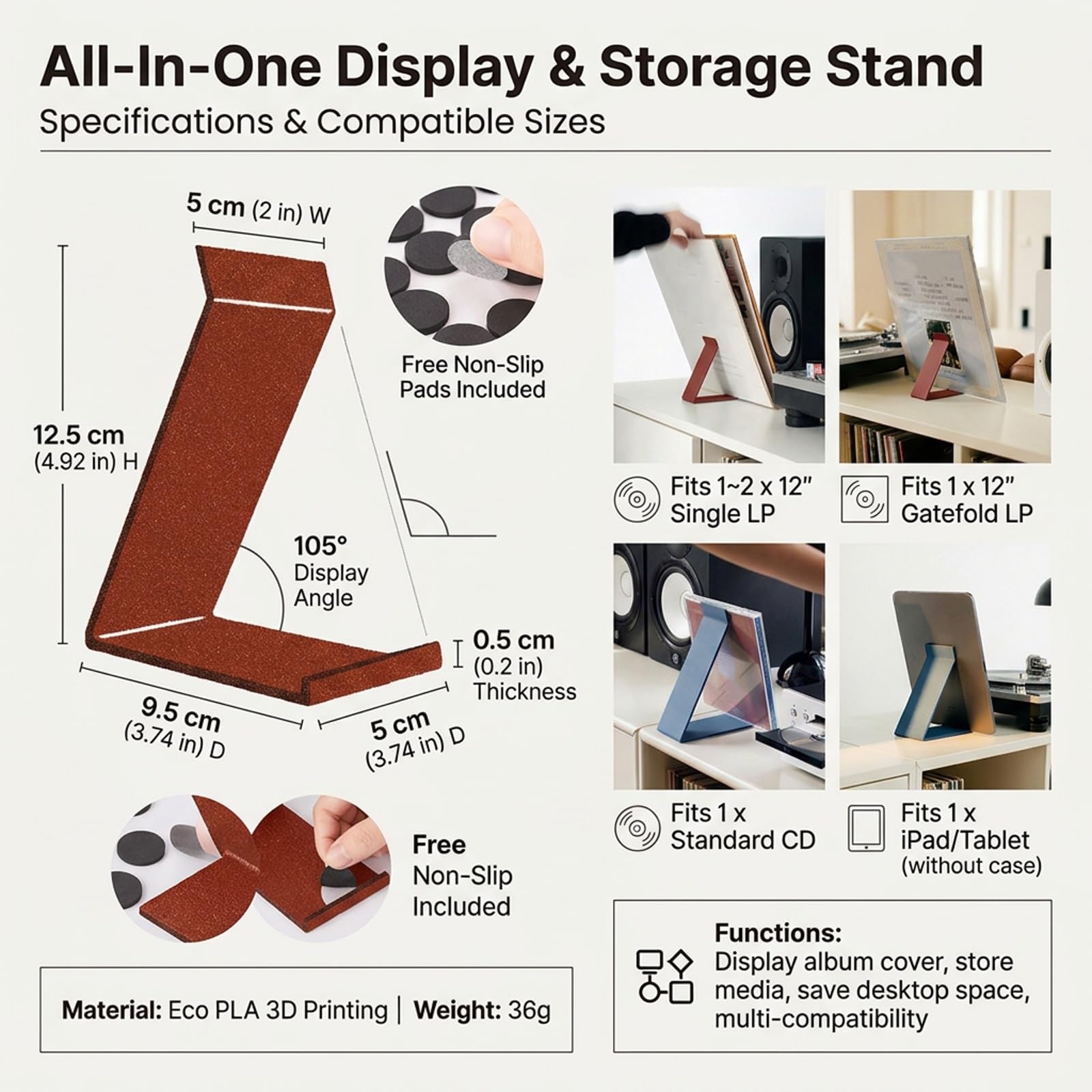 Supporto Vinili da Tavolo a Z Porta Dischi Multifunzione. | Porta Dischi in Plastica con Gommini Antiscivolo Organizer Multifunzione Musica.(Black)