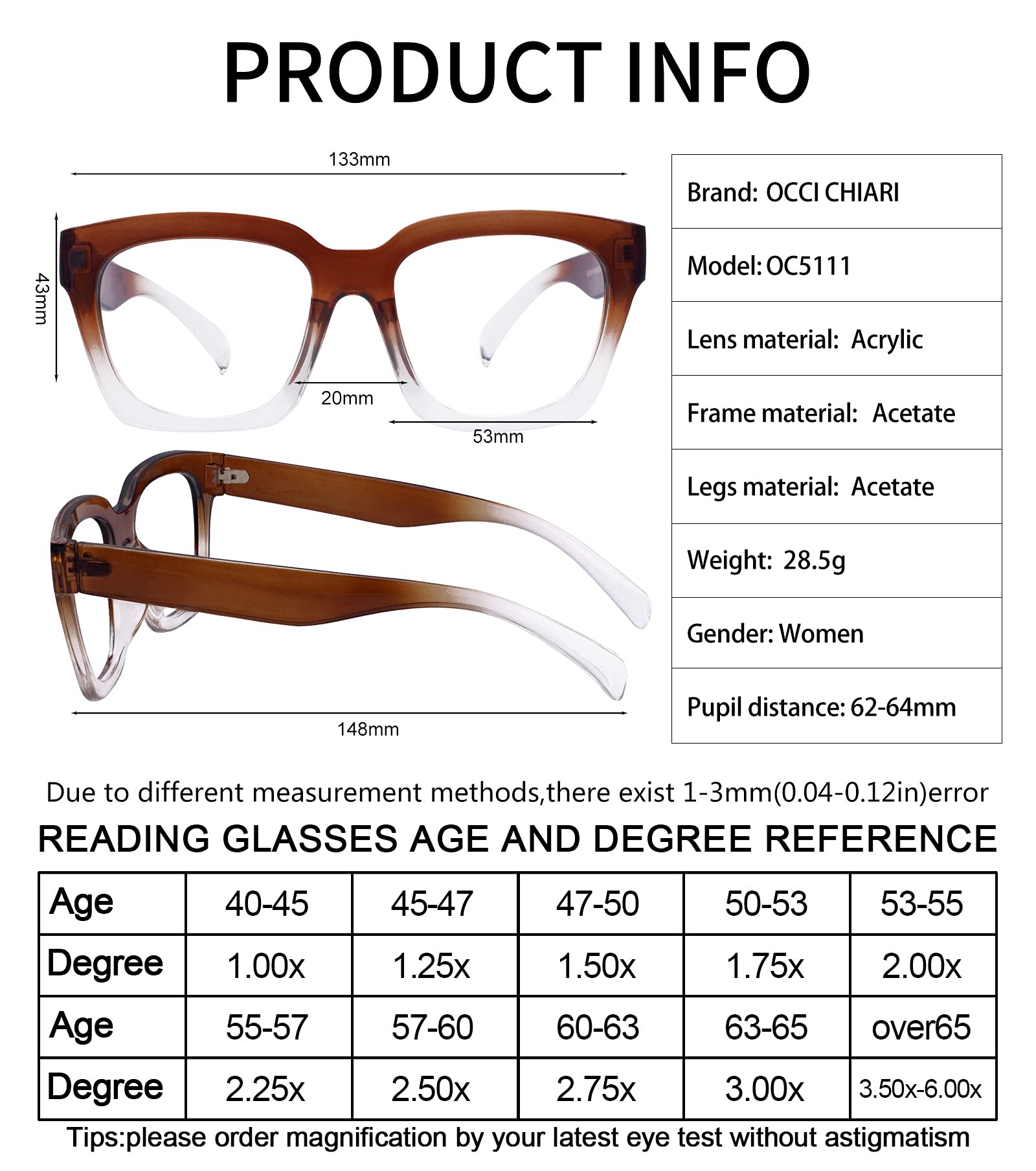 OCCI CHIARI Womens Thick Frame Plain Glass Spectacles Blue Light Blocking Glasses for Women Stylish Square Glasses (Progressive Shade Brown 0) - Image 4