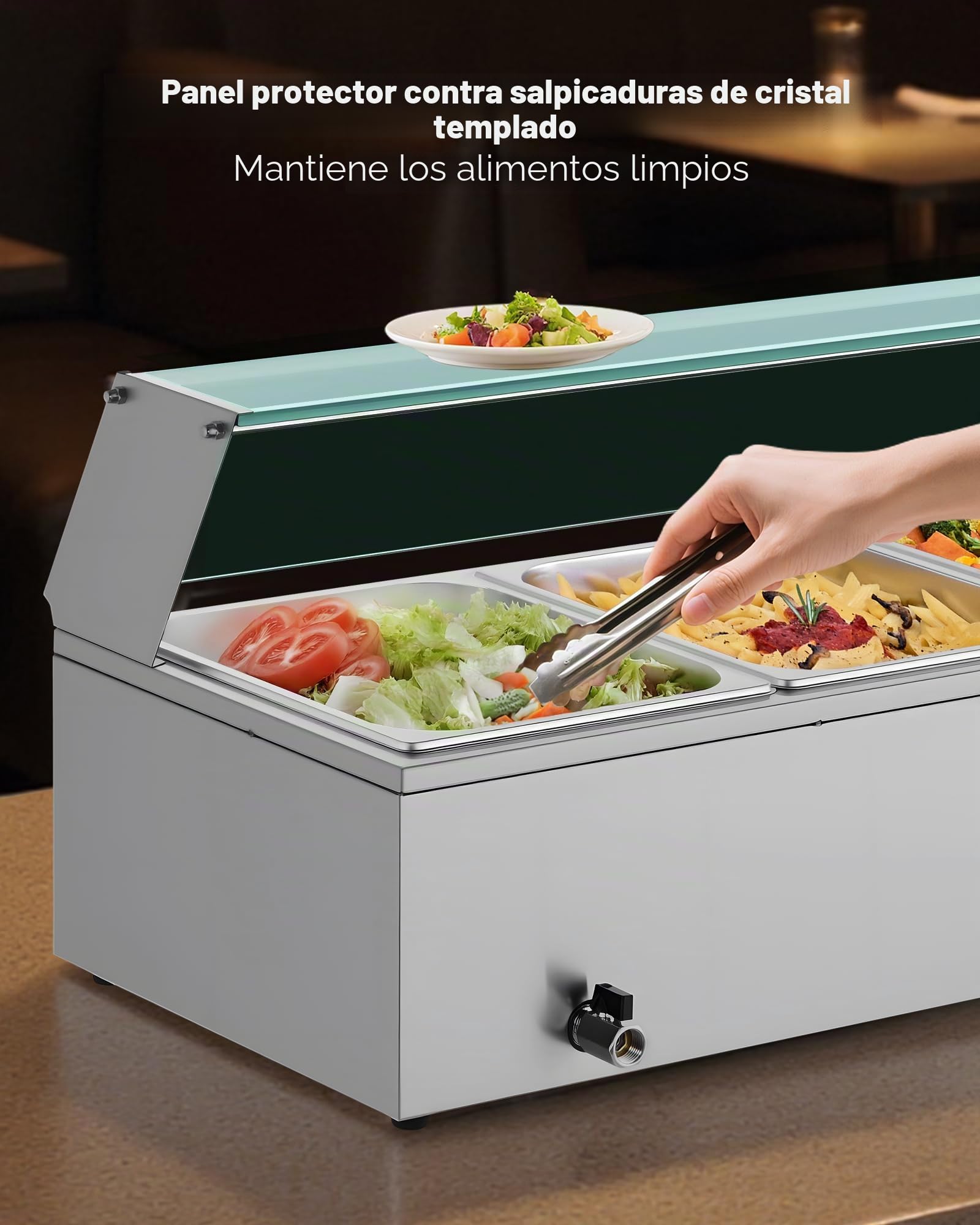 VEVOR Calentador de Alimentos Eléctrico de Acero Inoxidable 1500 W con Vapor y Cubierta de Vidrio, 4 Bandejas, Baño María con Cucharones, para Restaurantes y Fiestas, 1185 x 365 x 385 mm, Plata