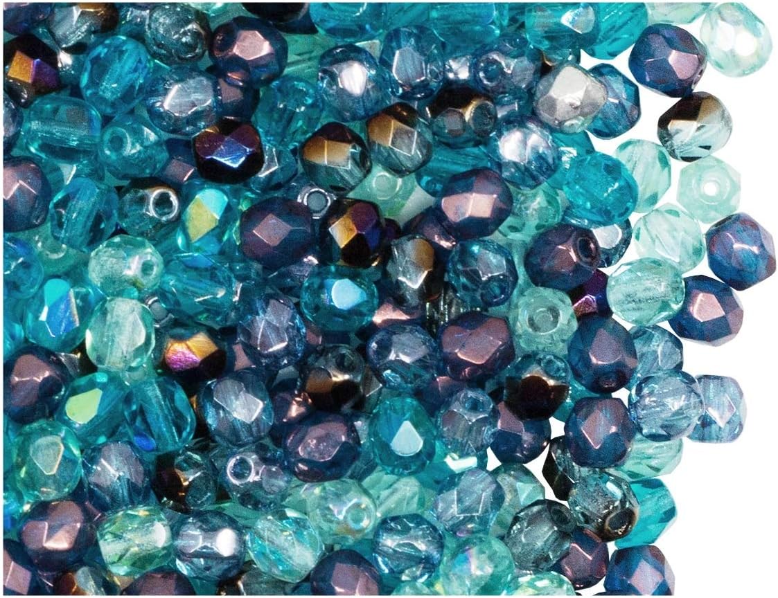 SCARA BEADS GET INSPIRED600 Pieces Czech Fire-Polished Faceted Glass Round 4mm, Transparent Blue-Vega Mix