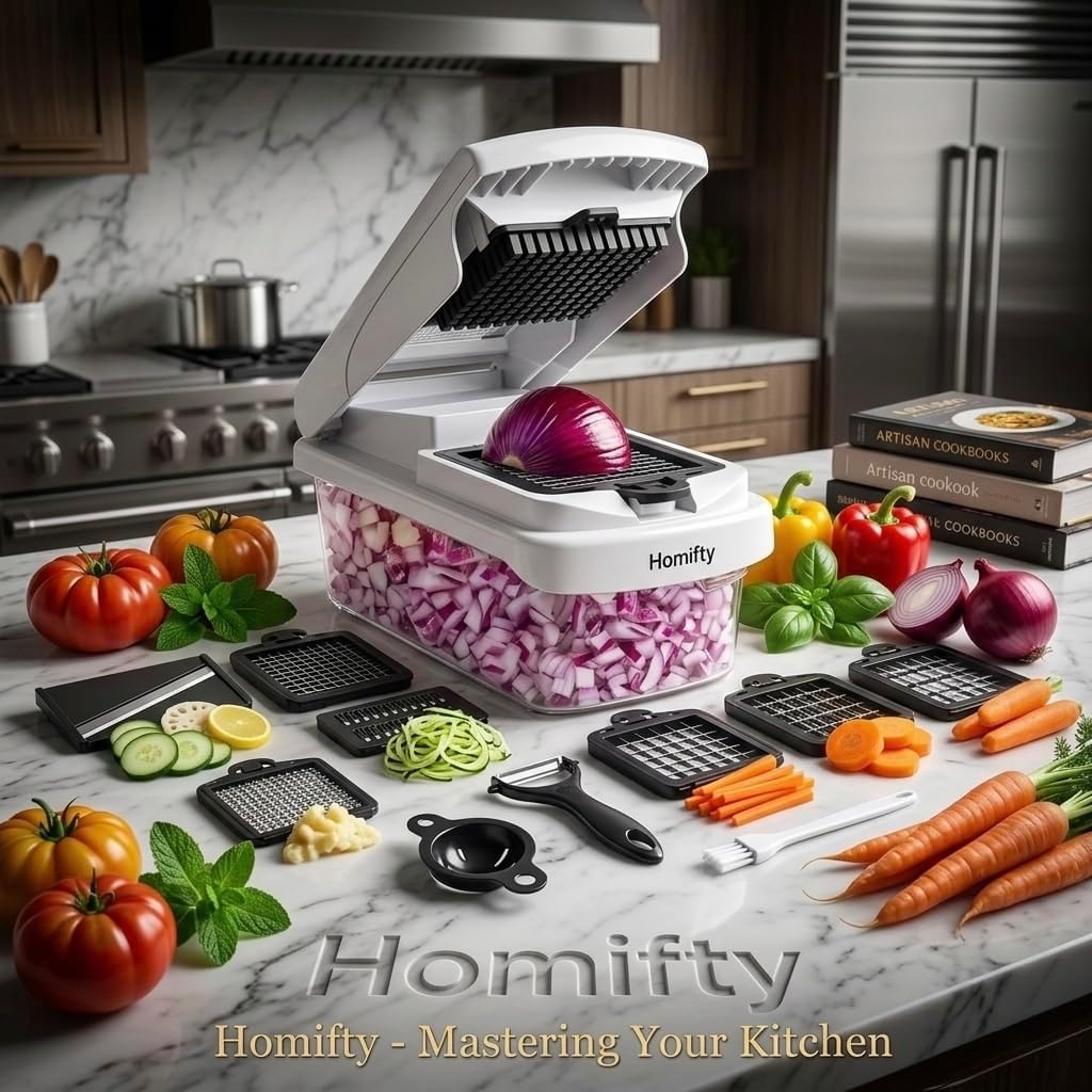 Homifty-Vegetable Chopper 18-in-1 – Set with Interchangeable Stainless Steel Blades, Food Dicer and Slicer with Container, Onion Cutter, BPA Free, Dishwasher Safe